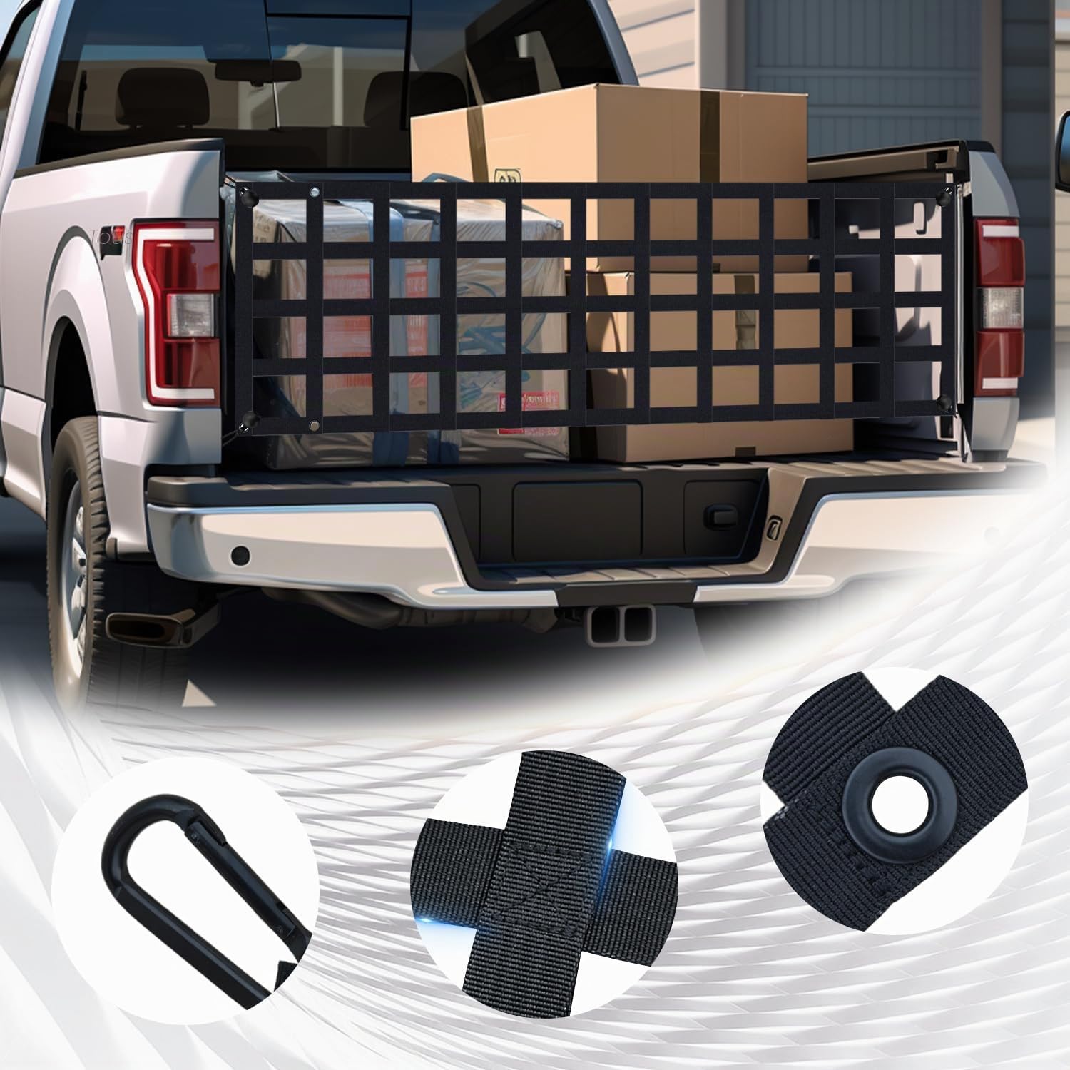 Tailgate Filet cargo pour la plupart des camions de taille moyenne, 160 x 45 cm, compatible avec Ford, Chevy, Dodge, Ram - Filet d'extension de porte de queue pour lit de pick-up - Noir