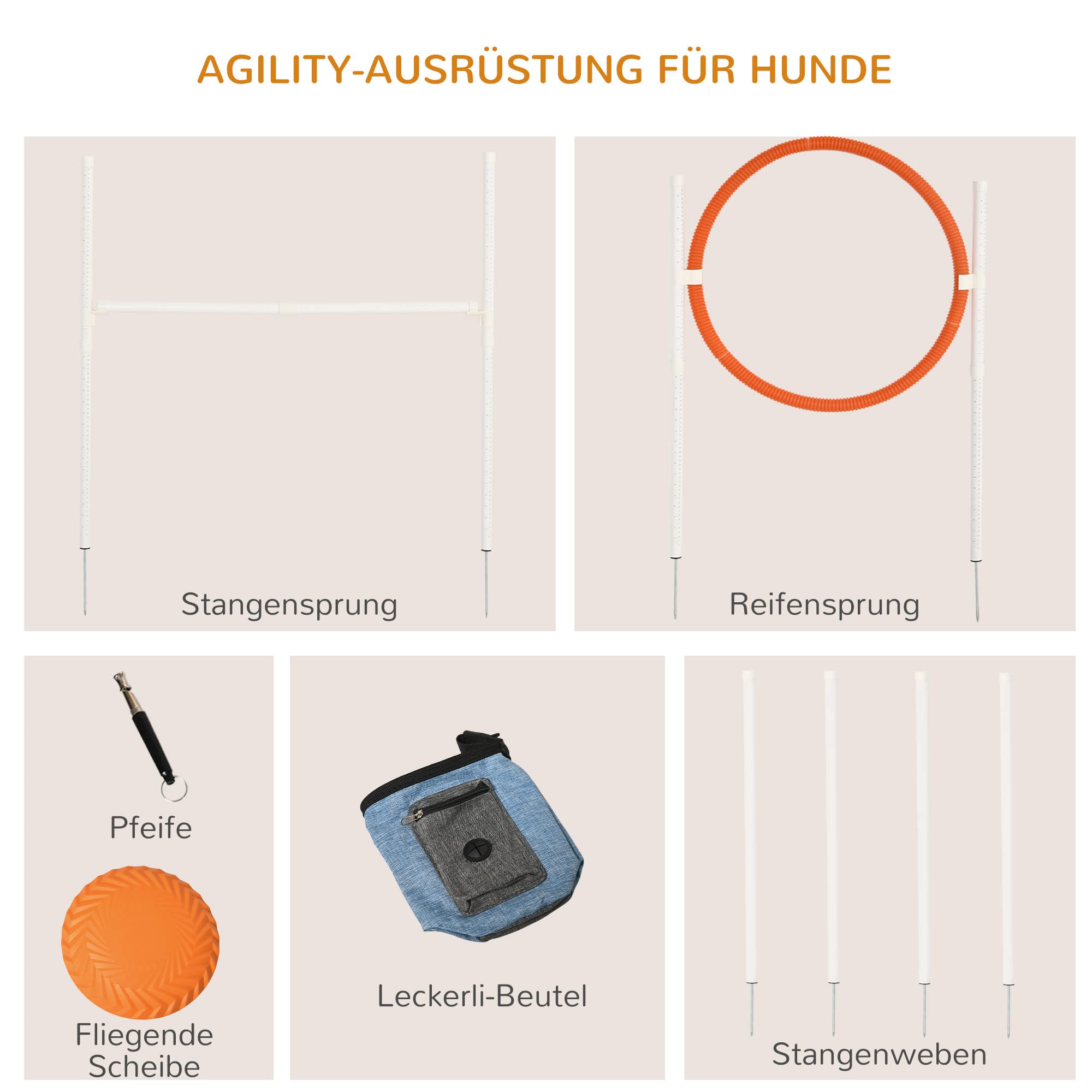 PawHut Zestaw agility do treningu psów z regulowaną wysokością przeszkodą | 5-częściowy zestaw, worek na karmę, obręcz skokowa, tyczki slalom, zestaw wbijanych przeszkód z gwizdkiem, torba