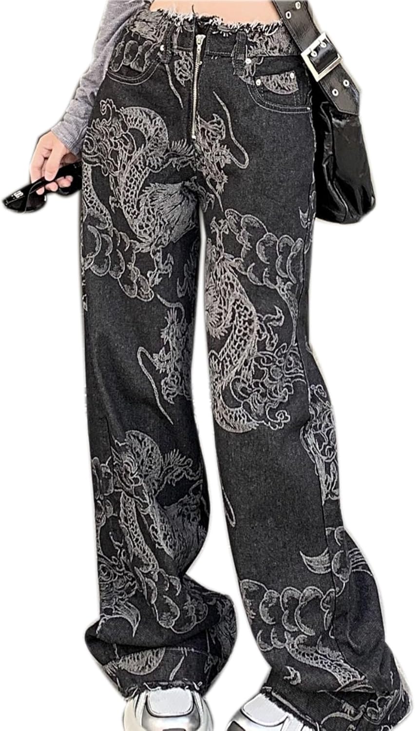 MEINVQIAOTI Streetwear Dark Dragon Pattern Fashion Design Goth Women's Cargo Jeans Raw Edge Wide Leg Cargo Pants for Women
