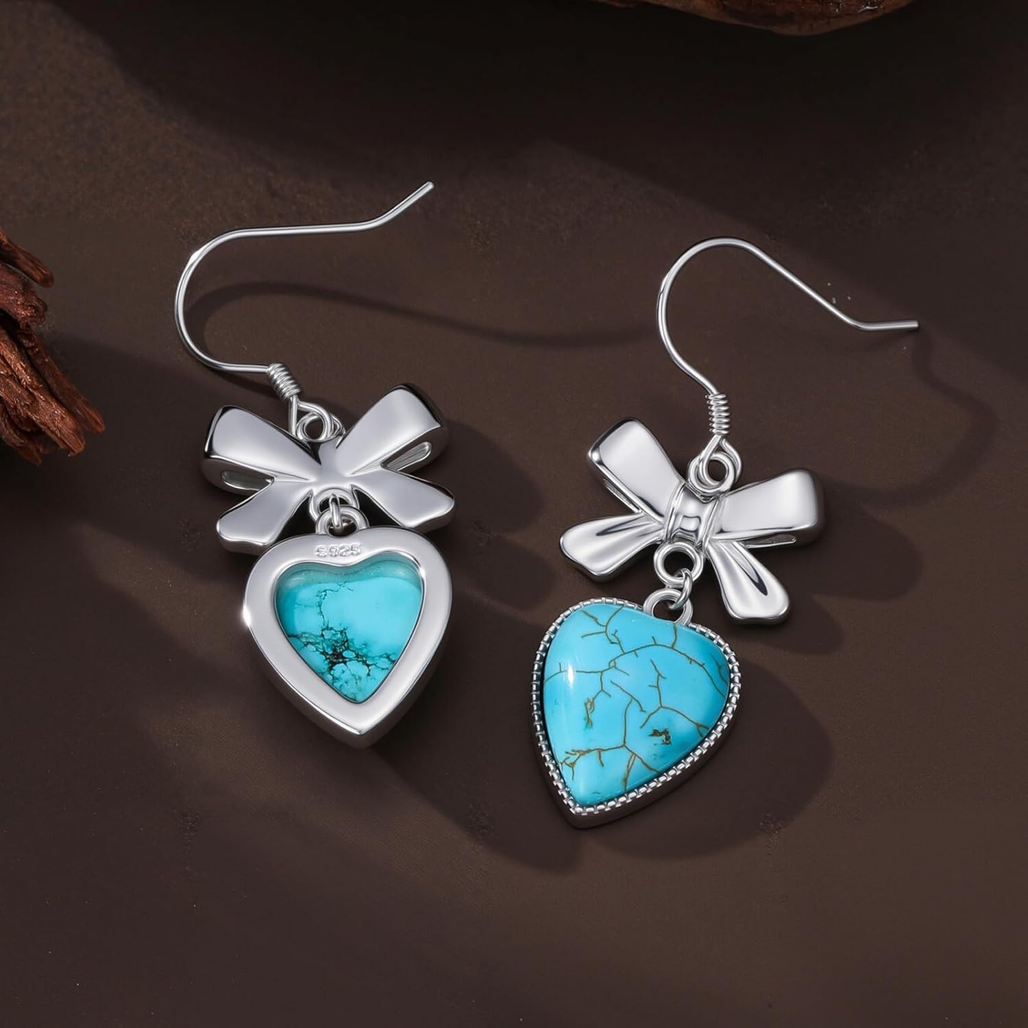 Genuine Turquoise Bow Earrings, Sterling Silver Vintage Native American Western Boho Earrings Jewelry for Women - Image 3