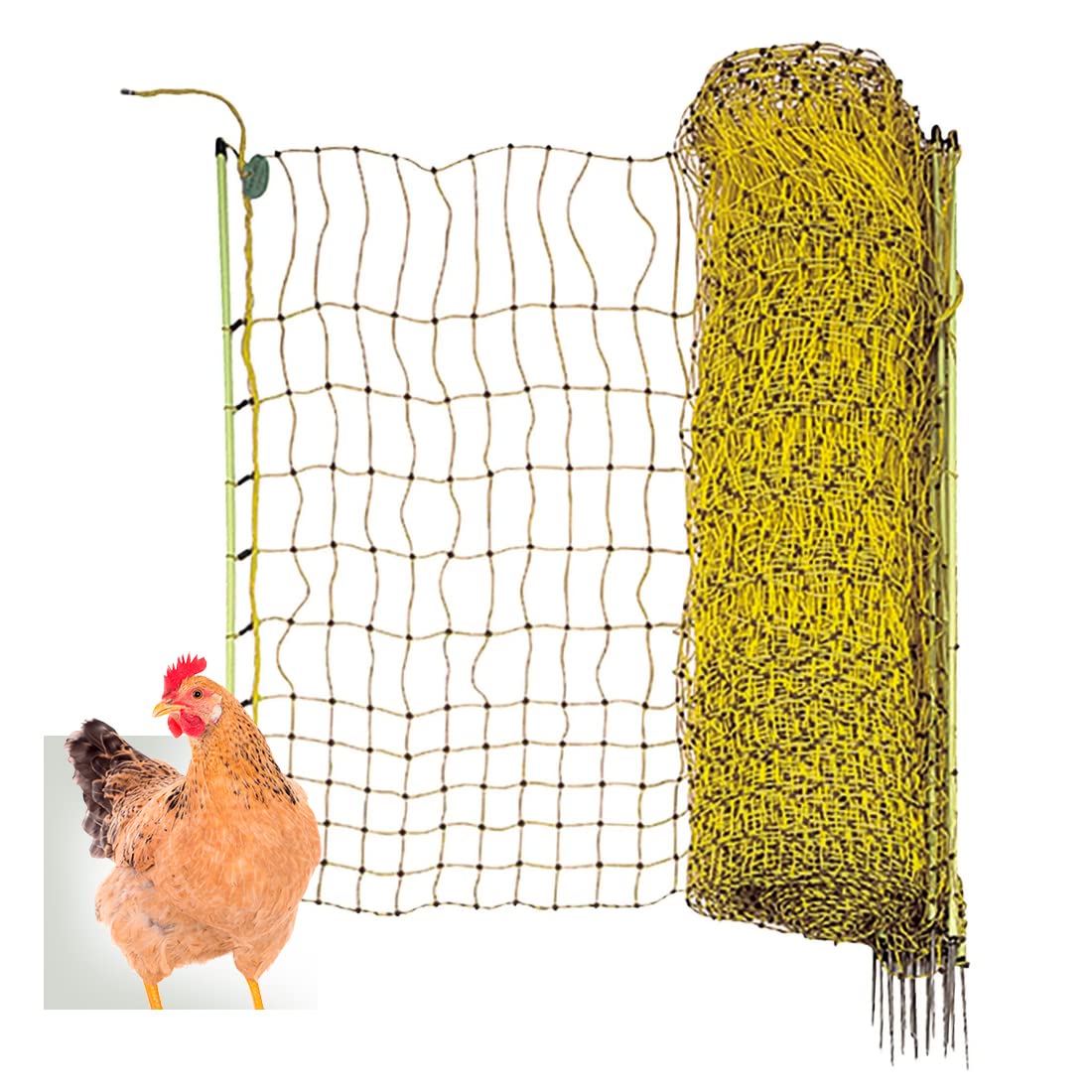 FINCA CASAREJO Malla Eléctrica para Gallinas y Otras Aves de Corral. Cercado de 50m de Longitud, 112cm de Altura y 15 Postes para Proteger a Tus Aves. Adaptable a un Pastor Eléctrico