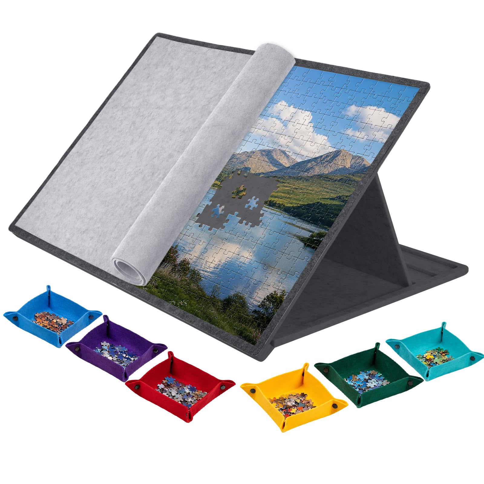 Składany stół do puzzli z 3 kątami nachylenia, 78 x 55 cm, na 1000 części, z 6 kolorowymi tacami do sortowania i rolką z filcu ochronnego, ergonomiczny stół puzzli, pyłoszczelny, antypoślizgowy i