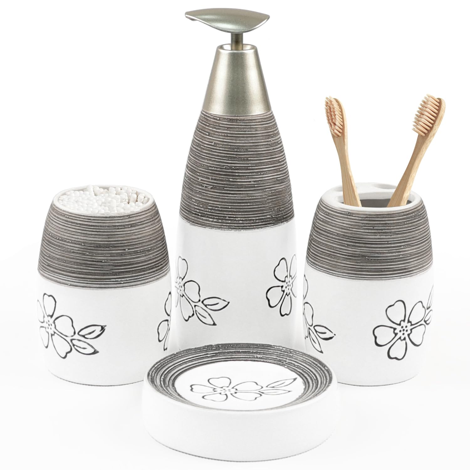 CERBIOR Bathroom Accessories Set,4 Pcs Ceramic Bathroom Decor Accessory,Includes Toothbrush Holder, Toothbrush Cup, Soap Dish for Decorative Countertop and Housewarming Gift, (White Flower)