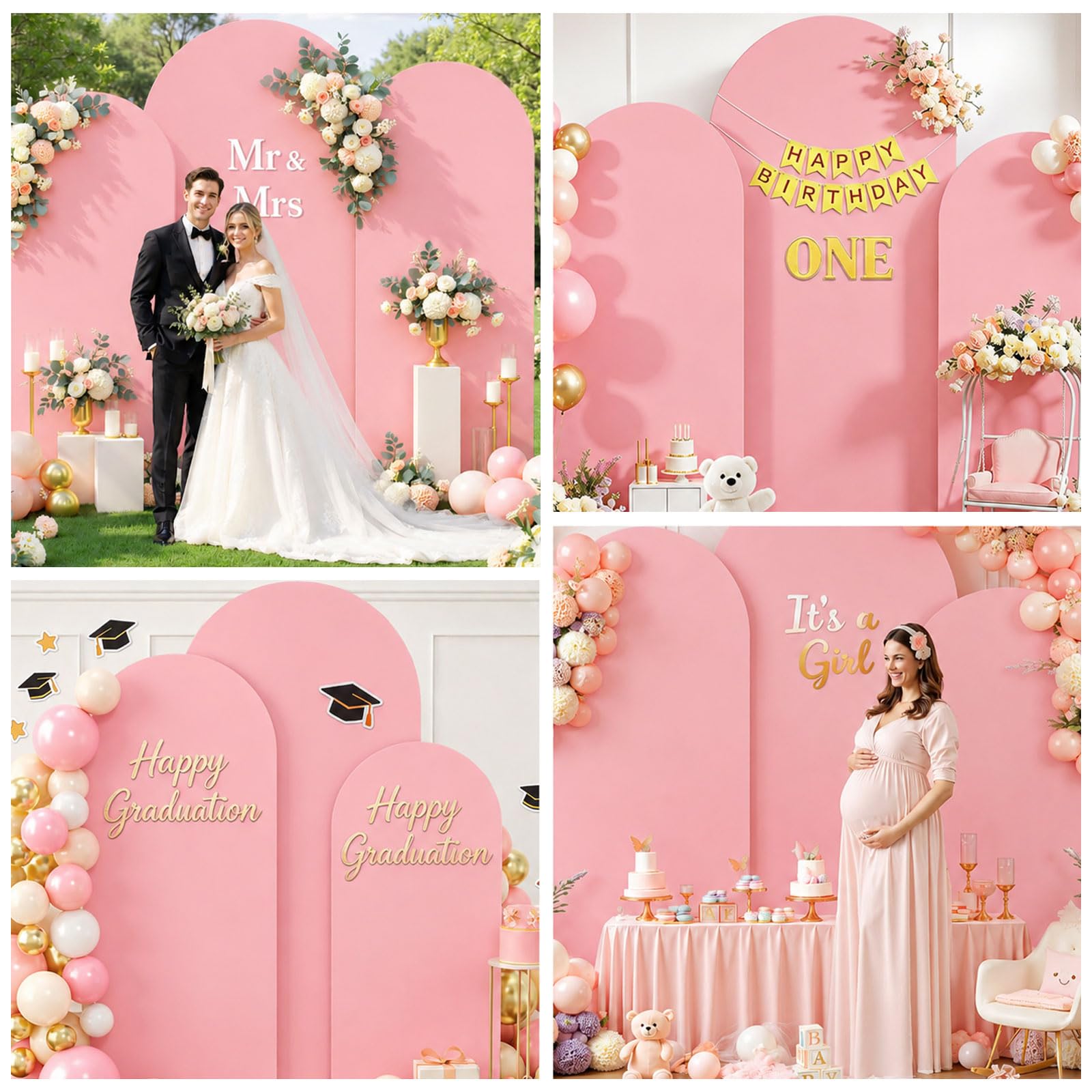 Arc de fond - Toile de fond double face avec dessus rond, fond photo pour mariage, anniversaire, cérémonie, fête et banquet (rose, lot de 3)