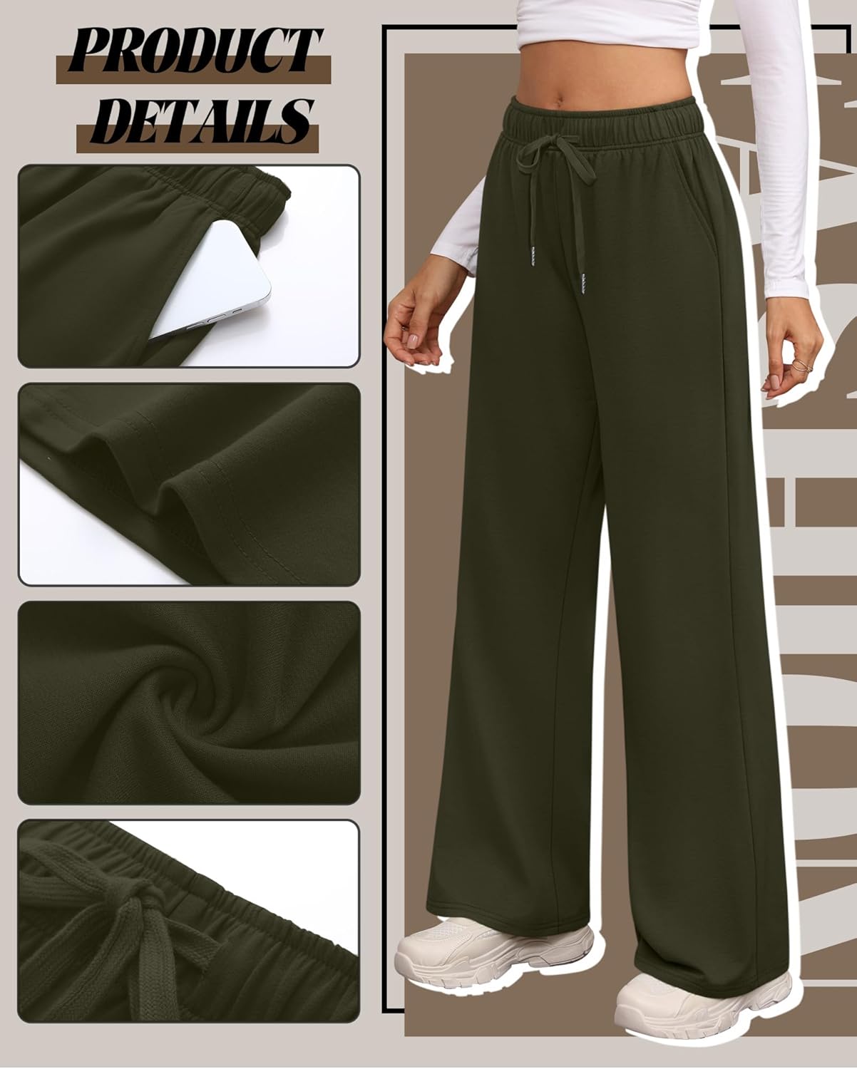 Riyiper 3 Pack Women Wide Leg Sweatpants Drawstring Straight Pants Elastic Waist Joggers Open Bottom Sweatpants with Pockets - Image 3