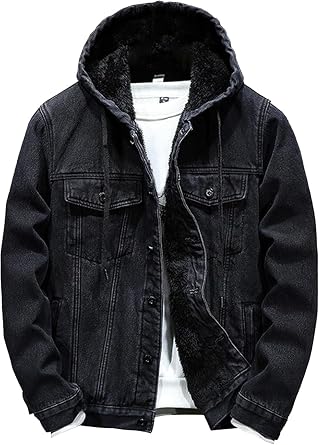 JEKE-DG Mens Distressed Denim Hoodie Jacket Button Up Washed Casual Jean Coat Long Sleeve Trucker Hooded Jackets