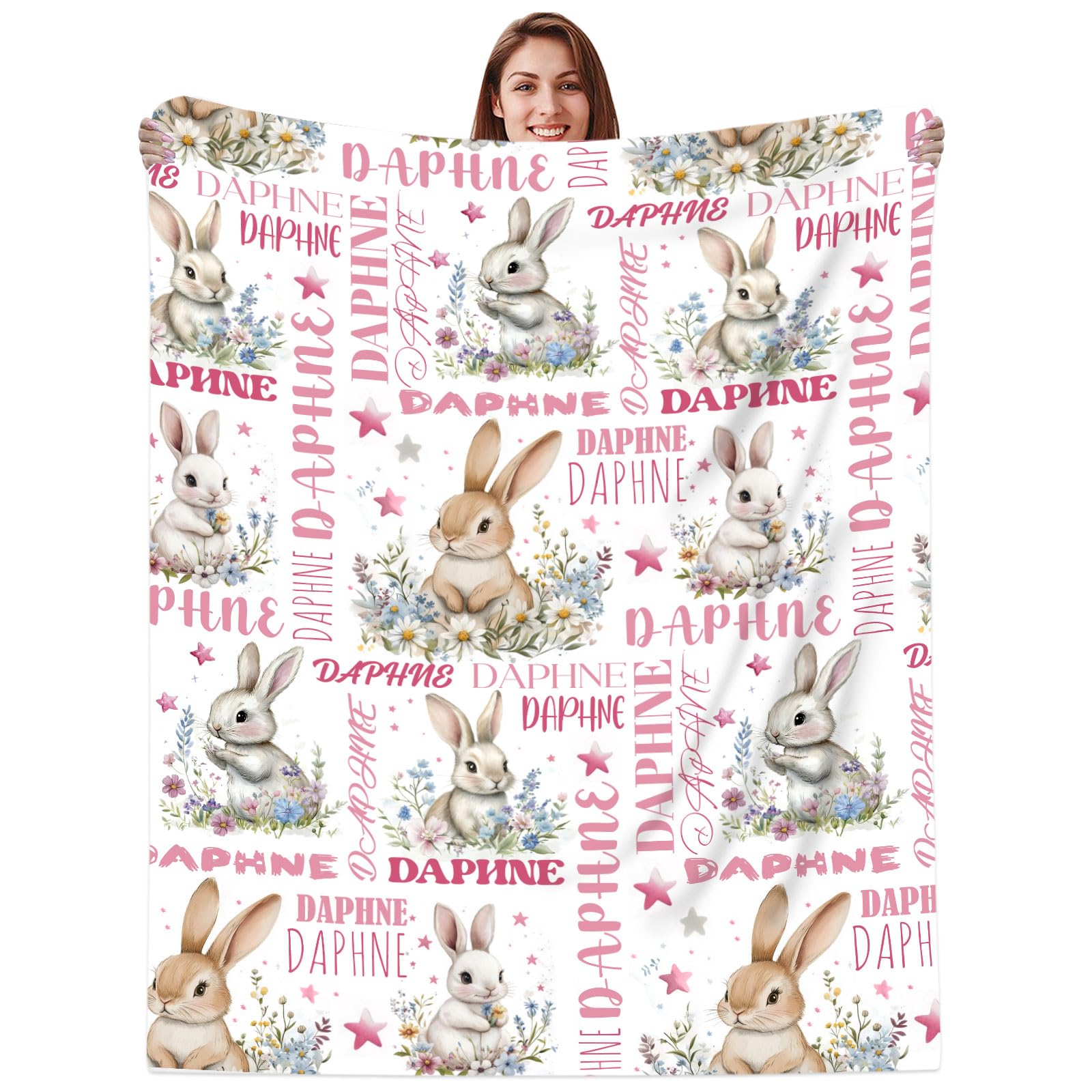 MJARTORIA Personalised Nane Blanket, Customised Baby Blanket with Name Text for Girl Adult Soft Rabbit Rainbow Elephant Blanket 100cm/150cm/200cm (Rabbit 3)