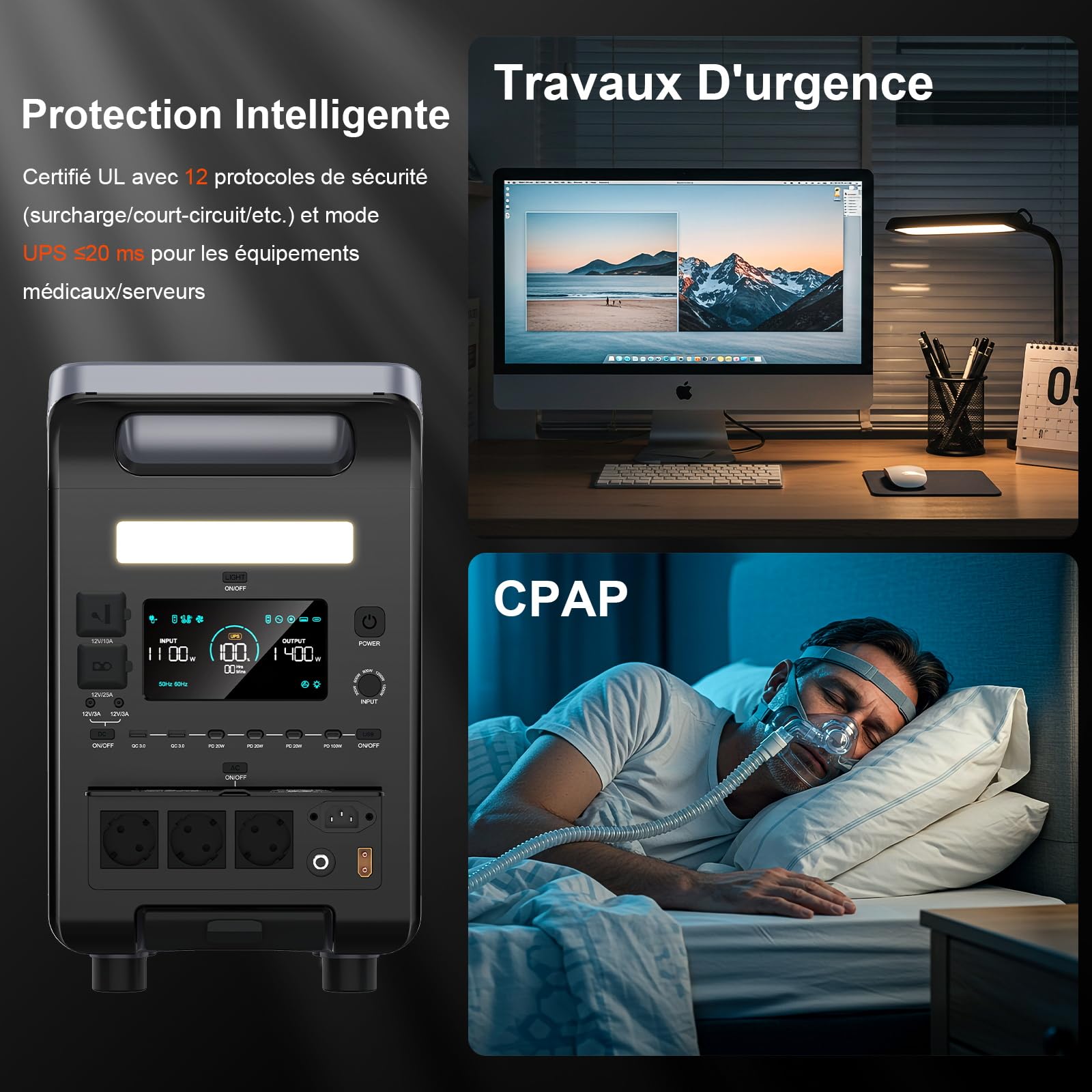 SolarPlay Q3600 Generateur Electrique Portable CA 3600W,Station électrique portable 3840Wh LiFePO4,Recharge rapide 2.5h,UPS,Générateur Électrique Onduleur Alimentation de Secours (Q3600+400W*3)