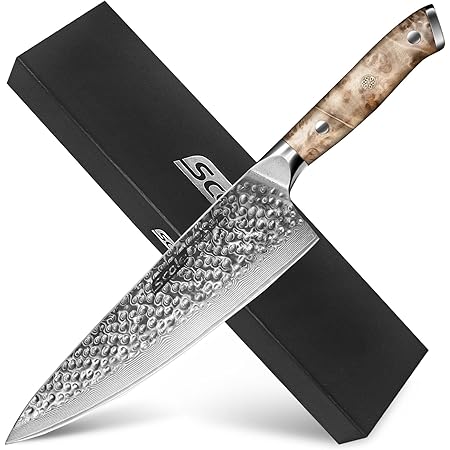SCOLE® Chef Knife Damascus, 8 Inch Japanese Chefs Knife Razor Sharp, 67 Layers VG-10 Super Damascus Stainless Steel Kitchen Knife with Unique White Shadow Wood Handle Triple Rivet Full Tang, Gift Box