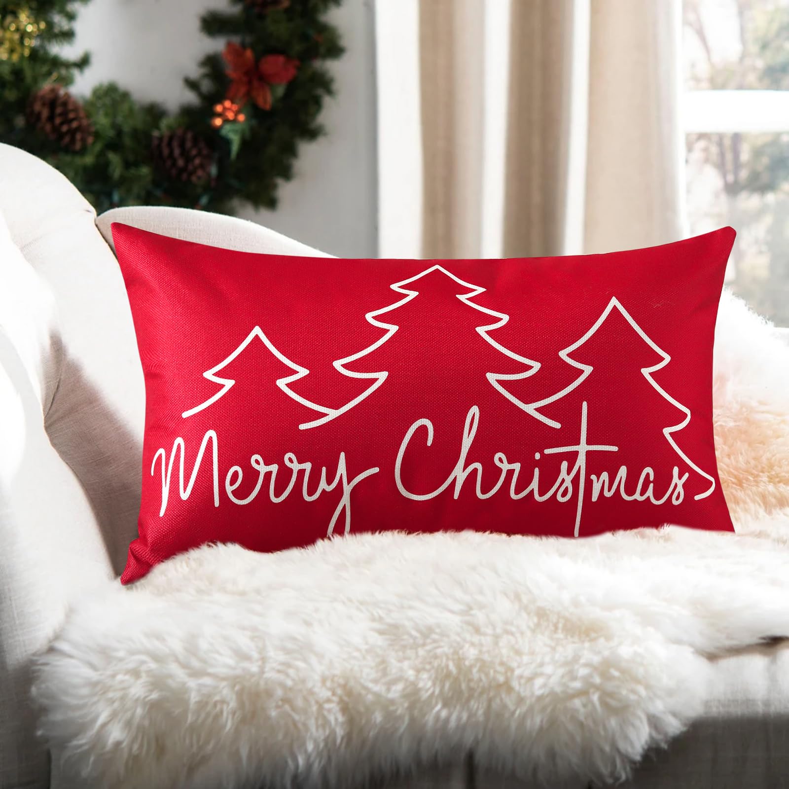 Ohok Funda de cojín decorativa de Navidad de 30 x 50 cm, poliéster y lino, fundas de cojín decorativas para dormitorio, salón, sofá (rojo)