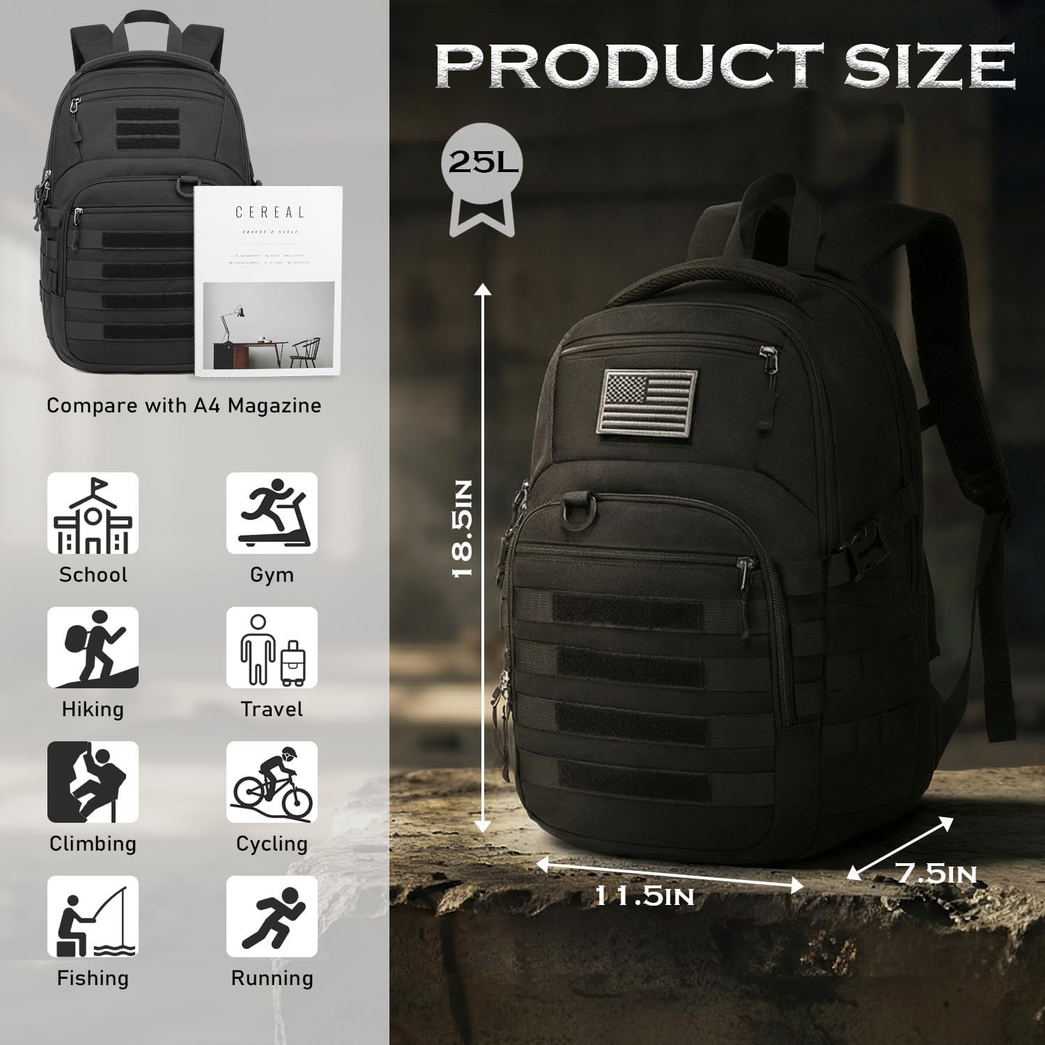 Military Tactical Backpack for Men - Molle Army 3 Days Assault Pack Out Bag Hiking Rucksack (Black, 25L)