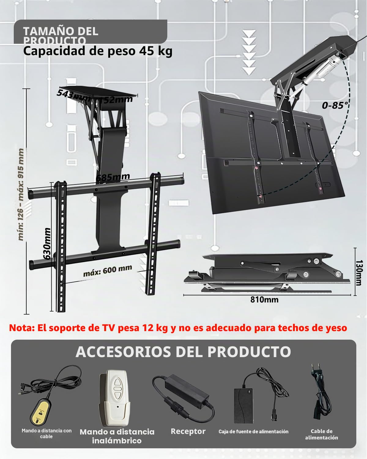 Soporte Techo TV motorizado, Soporte TV motorizado con Control Remoto Y Control De Interruptor, para Televisores De 32 A 70 Pulgadas, Instalación De Techo Y Pared (37-70 Inch)