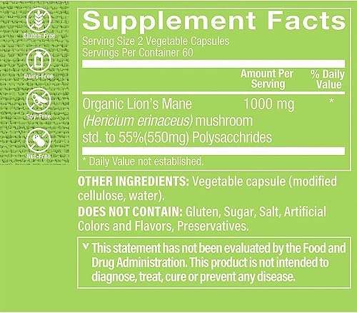 Miniatura 2 de The Vitamin Shoppe Lion's Mane - Fórmula de hongos nootrópicos para el cerebro y el apoyo nervioso - 1,000 mg (120 cápsulas vegetales)