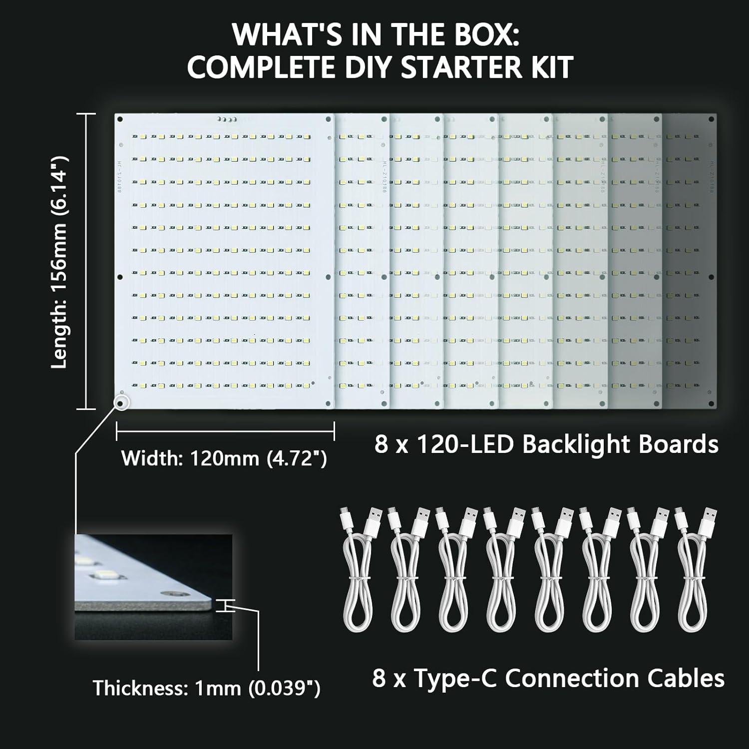 Lithophane LED Backlight Board Kit, 120 LEDs Uniform Backlight for Bambu Lab P1 X1 A1 Series, 156x120mm Type-C PCB for CMYK 3D Printed Photo Models, 8 Packs