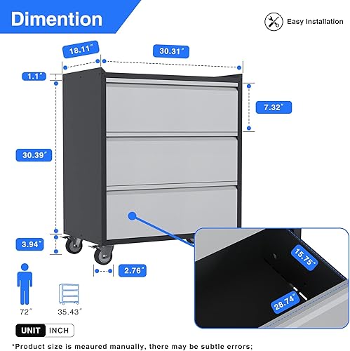 Miniatura 3 de SUXXAN Armario de garaje con ruedas de metal con tres cajones, perfecto para garaje, hogar, almacén, sótano, requiere montaje (tres capas)