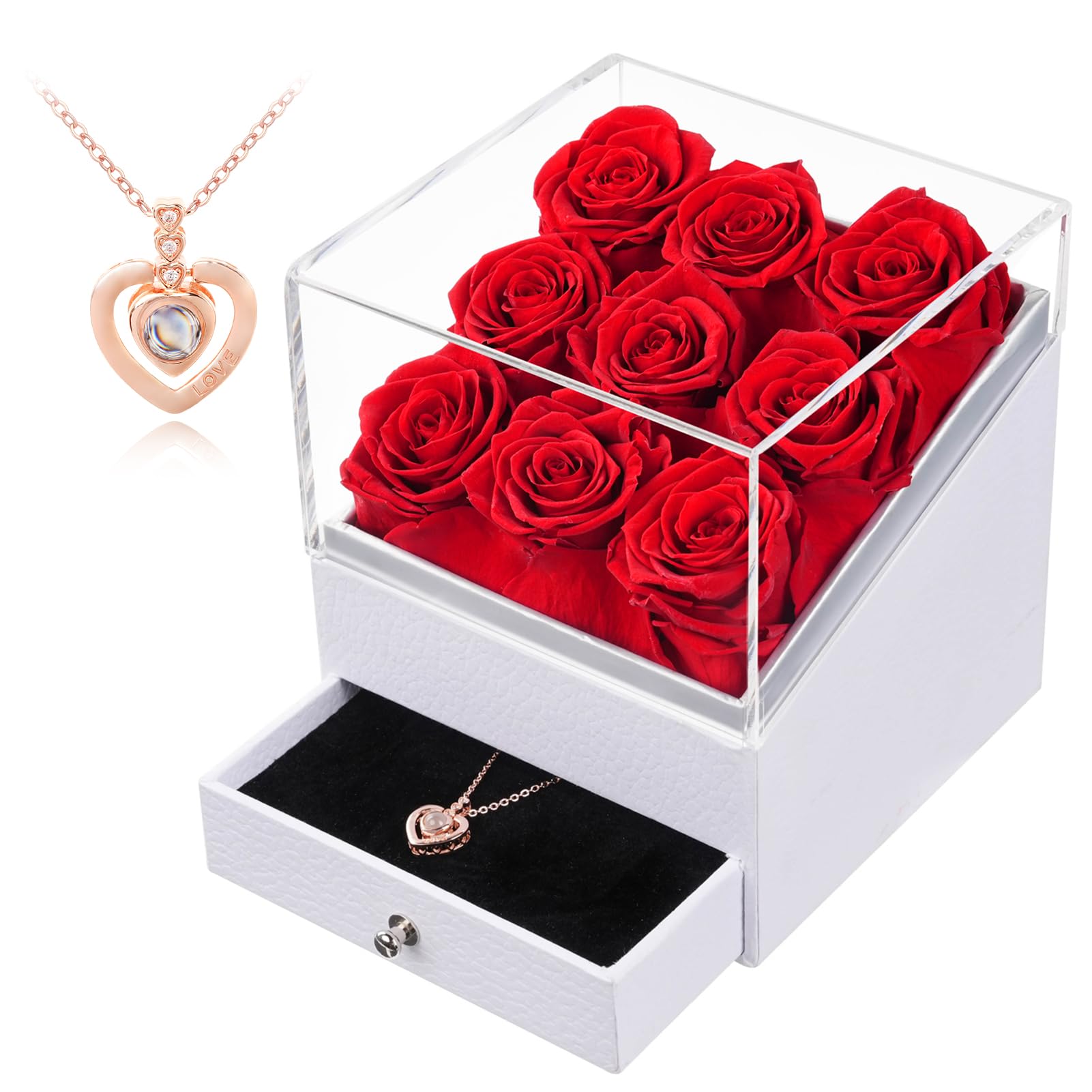 Eterfield Preserved Roses with I Love You Heart Necklace 9-Piece Forever Flowers Delivery Prime Real Rose That Last More Than a Year Gift for Mom Wife Girlfriend Valentines Day Mother Day (Red)