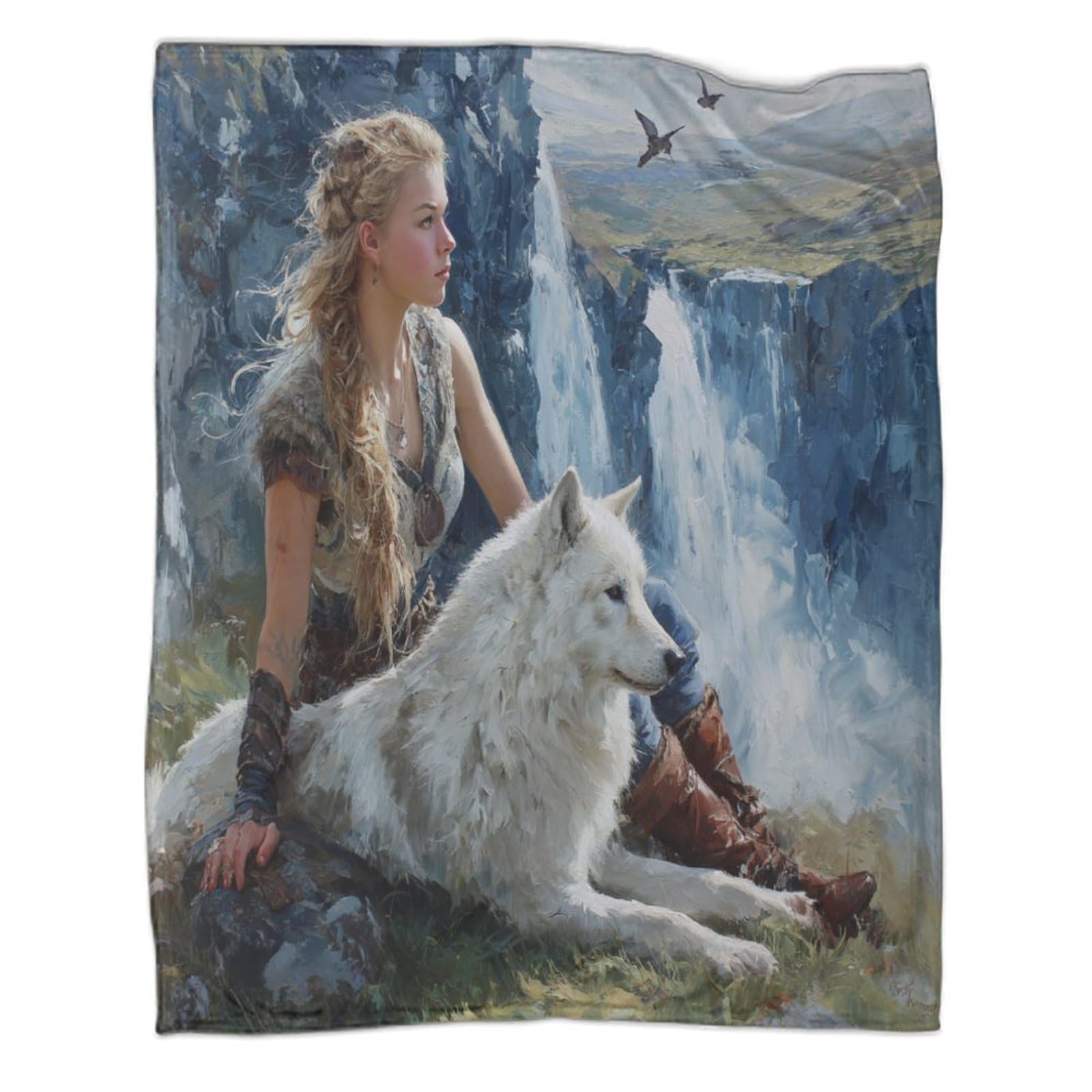 kaiyun Viking Woman And White Wolf, Valley Waterfall Throws,Soft And Warm Printed Flannel for Bed And Sofa 70x80inch(180x200cm)