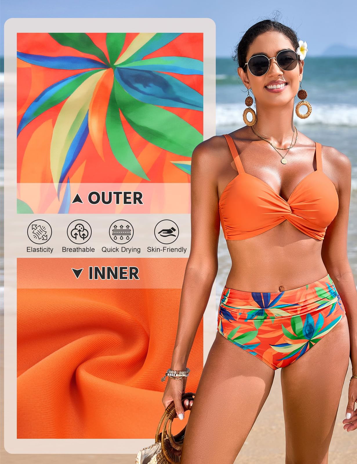 Maillot de Bain Femme 2 Pieces Taille Haute Ventre Plat Deux Bikini Pièces Sexy Col en V Push Up Sangle Réglable des Bikinis élégants Piscine de Plage