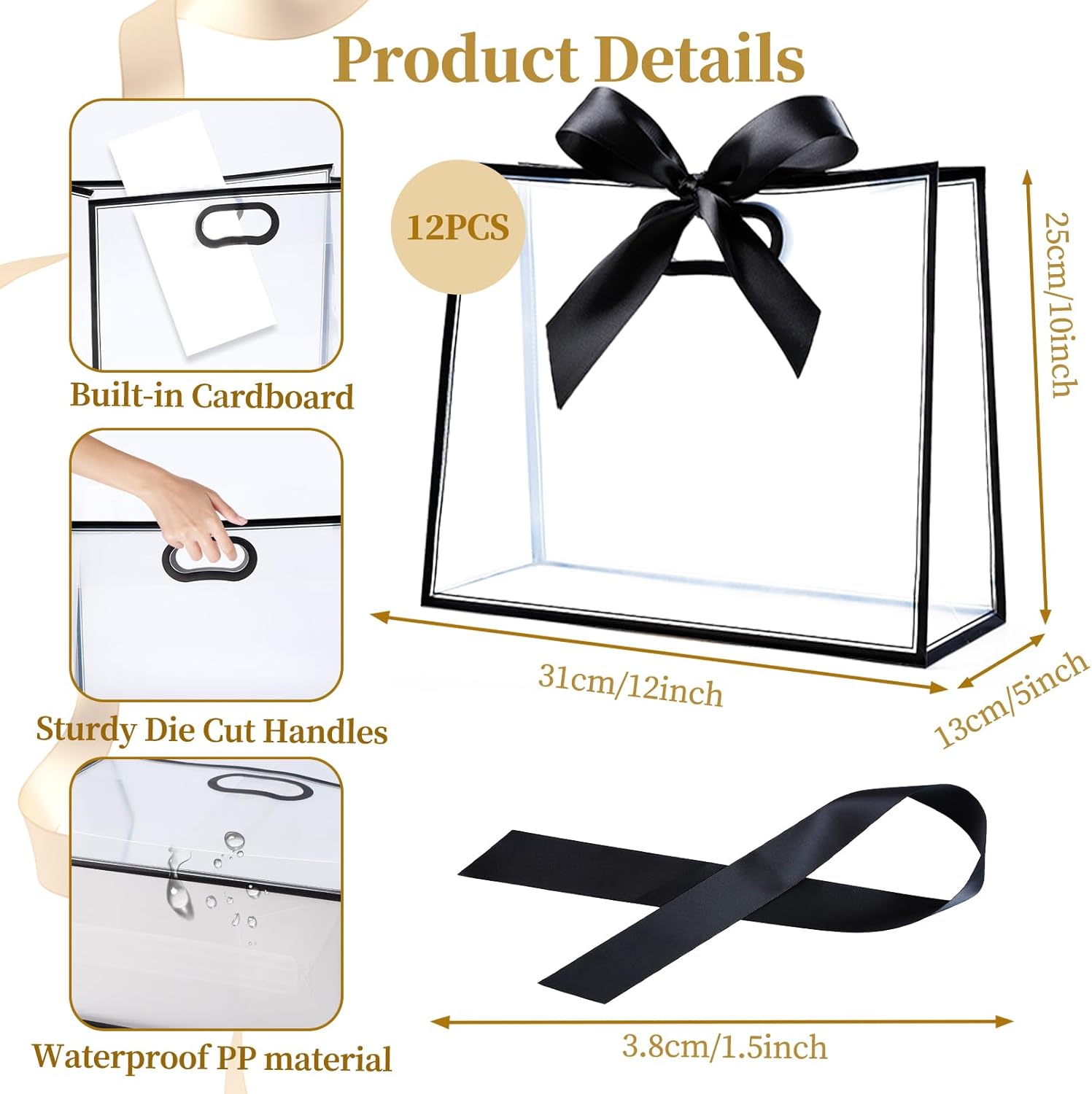 Gdotmely 12 Pcs Clear Plastic Gift Bags with Die Cut Handles,Reusable Party Favor Bags with Ribbons, Clear Gift Bag for Wedding Bridal Baby Shower Birthday Party Business, 12 x 10 x 5''(Black) - Image 2