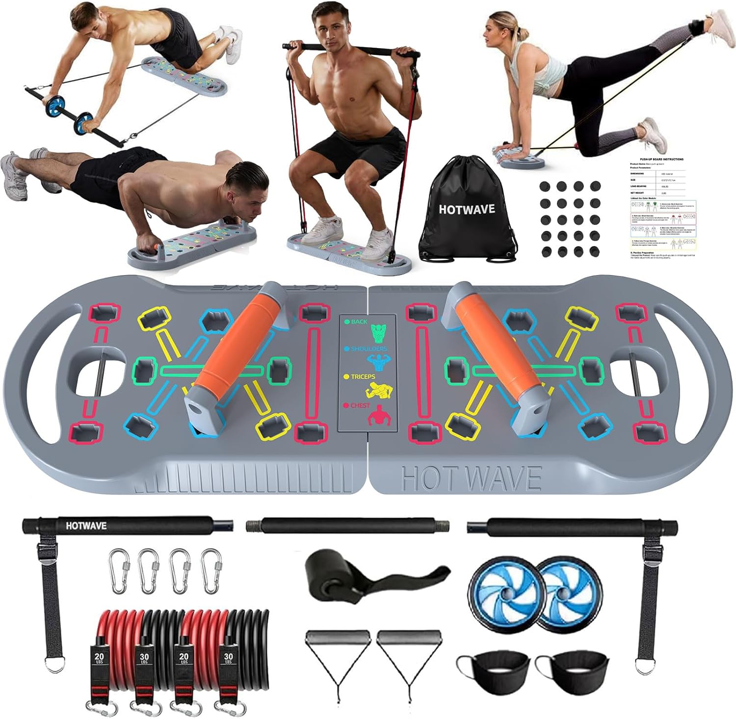 HOTWAVE Portable Exercise Equipment with 16 Gym Accessories,20 in 1 Push Up Board Fitness,Resistance Bands with Ab Roller Wheel,at Home Workout for Men