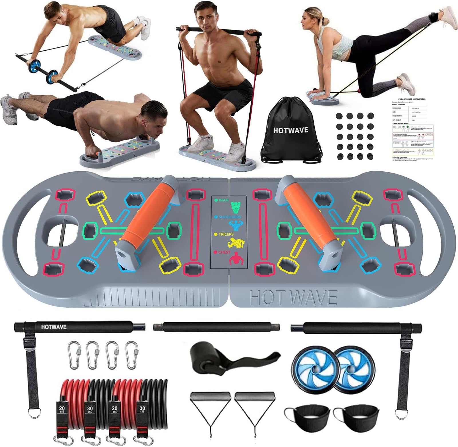 HOTWAVE Portable Exercise Equipment with 16 Gym Accessories.20 in 1 Push Up Board Fitness,Resistance Bands with Ab Roller Wheel,Full Body Workout at Home,Patent Pending