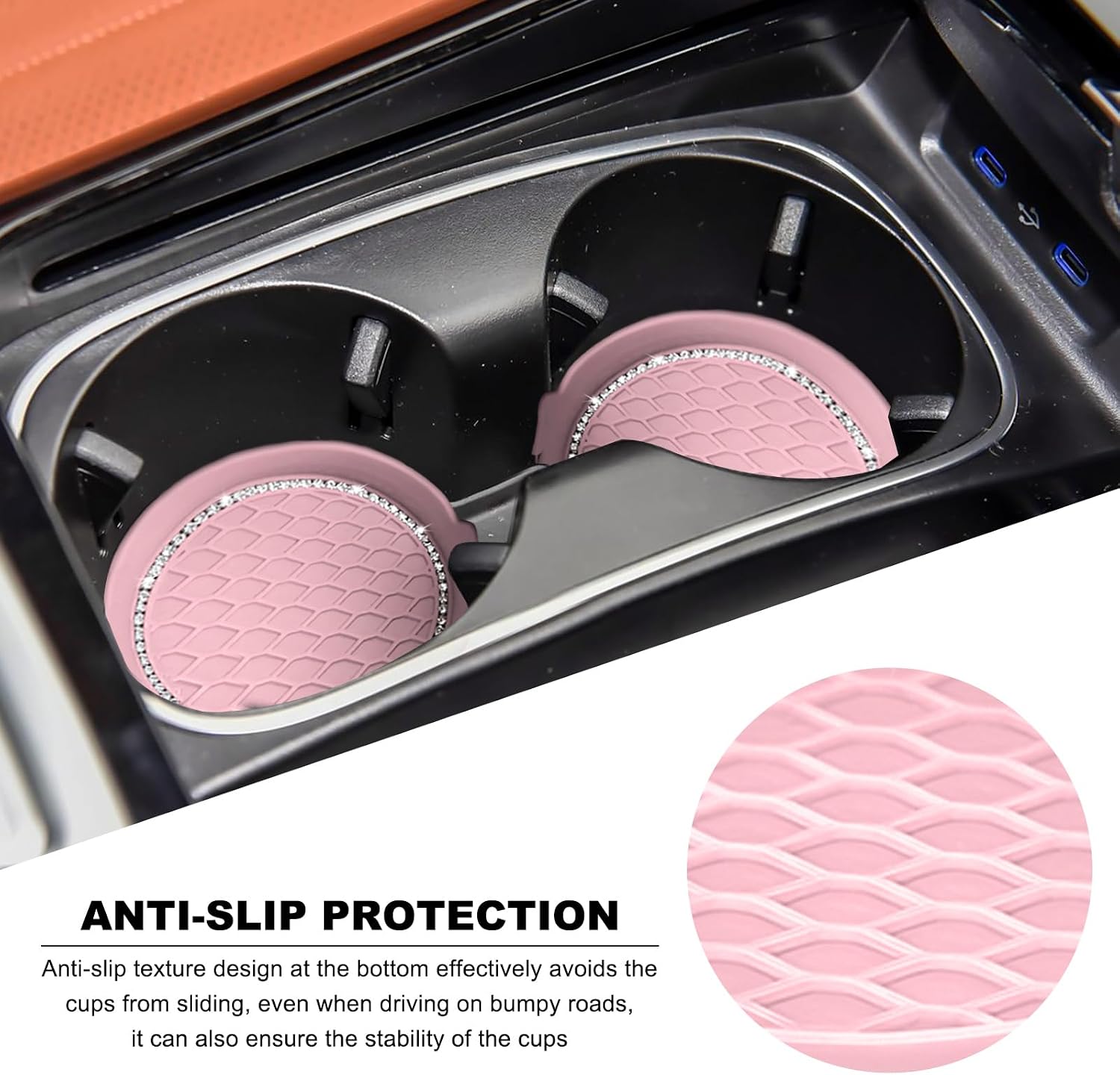 4 PCS Bling Car Cup Holder Coaster, Non-Slip Silicone Auto Drink Mat Crystal Rhinestone Insert Coasters, Shockproof Round Shape Cup Mats Fashion Decor for Most Vehicles (Pink)