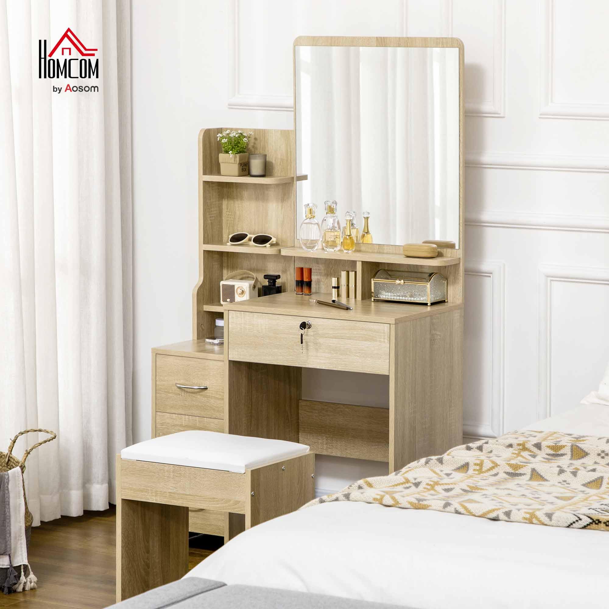 HOMCOM Postazione Trucco con Specchio Grande in Vetro Temperato, Toeletta Trucco con Sgabello Imbottito, 4 Cassetti e 4 Ripiani, Postazione Make Up per Camera da Letto, Colore Legno