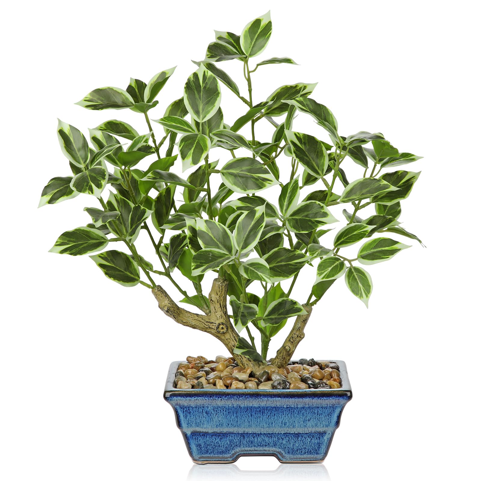 Fake Plants Small Artificial Plants Indoor 15.3" Fake Potted Plants Realistic Faux House Topiary Plants with Blue Ceramic Pot for Home Office Bathroom