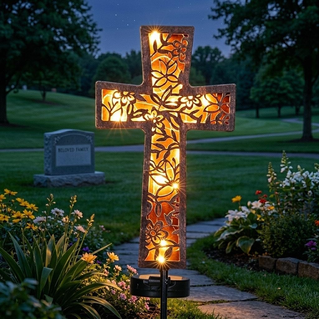Solar Cross Garden Stake Lights 38inch Metal Outdoor Waterproof Memorial Garden Decor 2 Lighting Modes Cemetery Decorations for Grave for Remembrance Gifts & Sympathy Gifts
