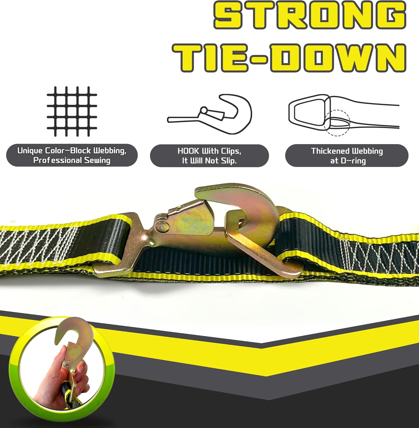 KJE Heavy Duty Car Trailer Tie Down Straps with Reflective - (4) 2" x 10' Ratchet Straps with Snap Hooks, (4) Axle Straps 2" x 36'' - 10,000lbs Break Strength - Use for Car, Truck, UTV Transport - Image 5