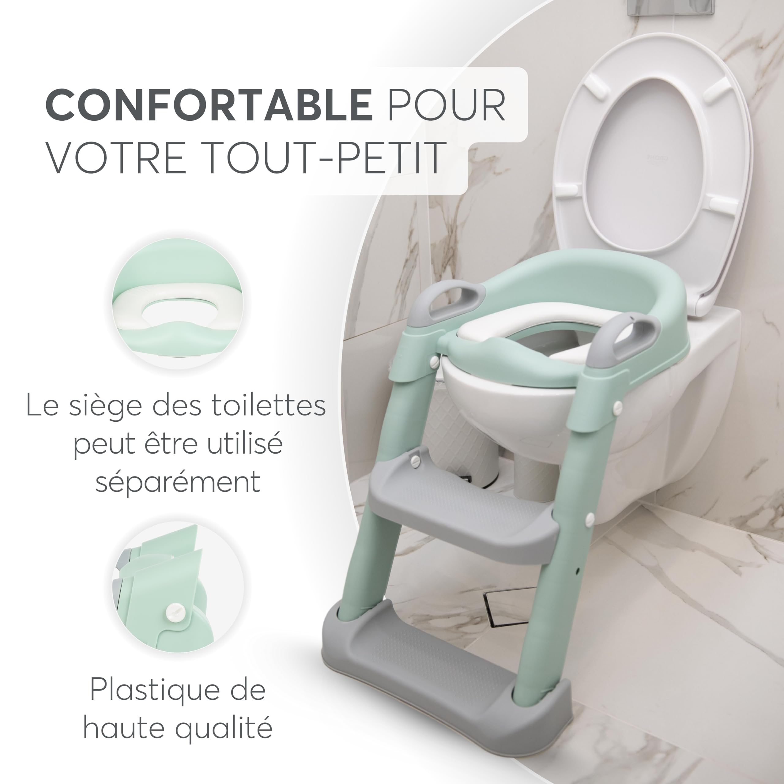 Adaptateur WC pour enfant KikkaBoo avec échelle LEA, réducteur de toilette, pliable et réglable, design anatomique, rembourrage amovible et doux, poignées, antidérapant, 18 mois et plus, menthe