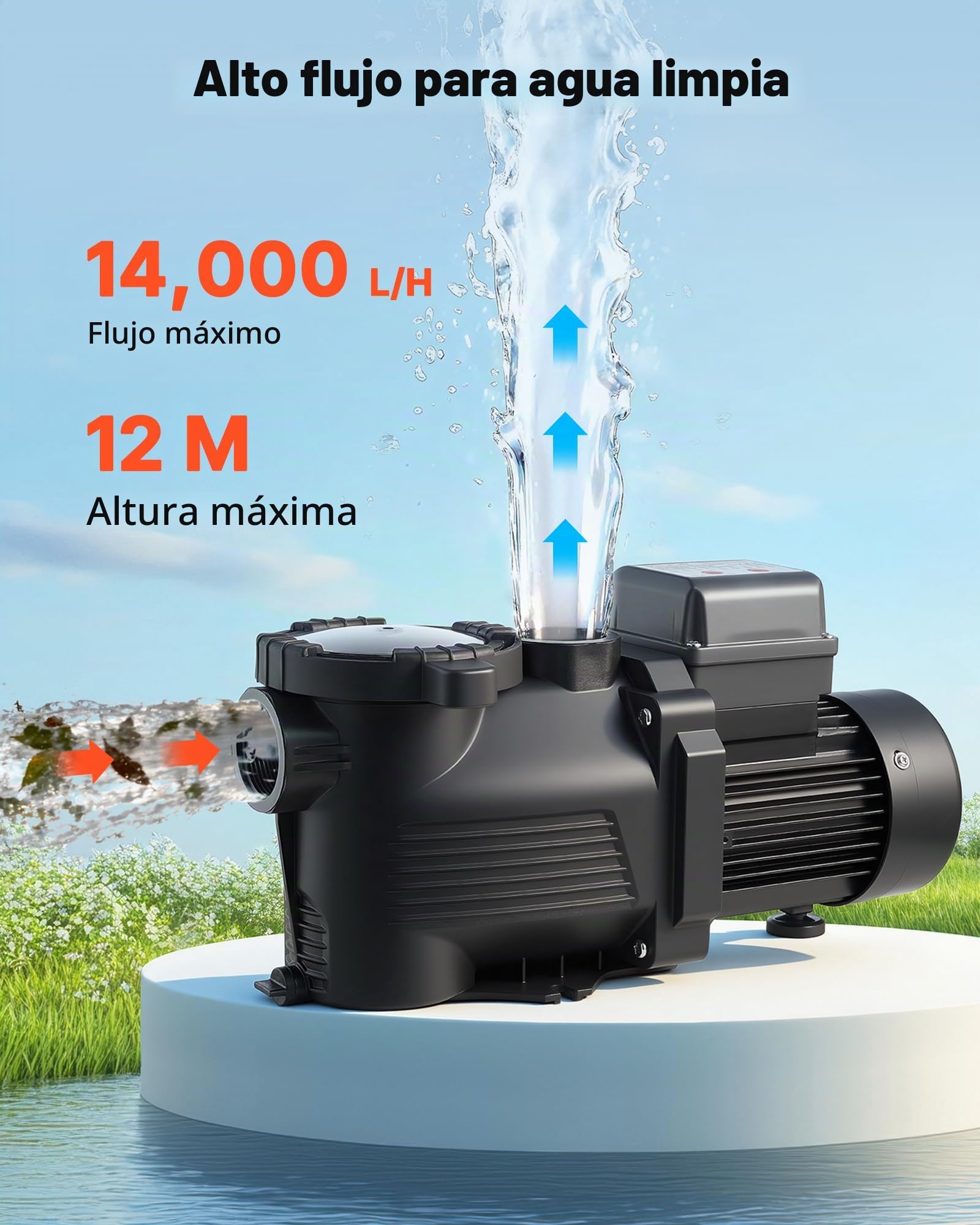 VEVOR Bomba para Piscina 550 W Caudal Máximo de 14000 L/H Bomba de Filtración para Piscina de Una Sola Velocidad, CA 220-240 V, Altura de Elevación Máxima de 12 m, con Temporizador de 24 Horas