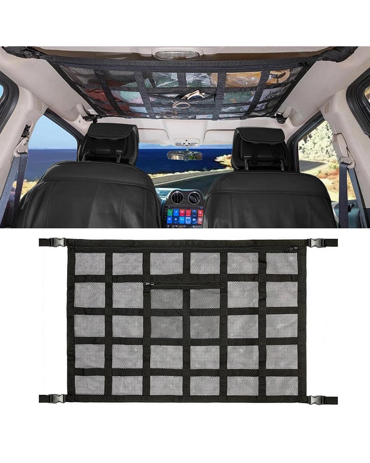 Rete portaoggetti per Auto, Rete portaoggetti per soffitto, Tasca con Cinghia Regolabile, rinforza Il carico, Rete portaoggetti per soffitto, Rete a Doppio Strato, Organizer in Rete Elastica