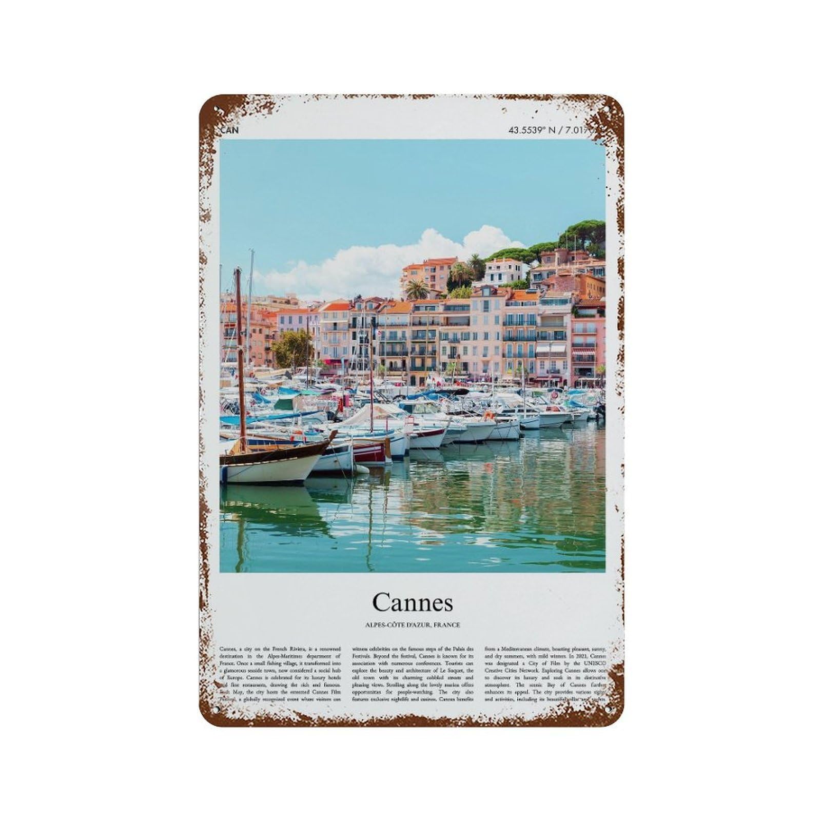 xiaoxiaoshen Cannes Alpes-côte D'azur, France City Scenery Wall Decor Art Metal Tin Poster Modern Home Decor Art Home Bar Shop Decorations Vintage Sign 30x20cm