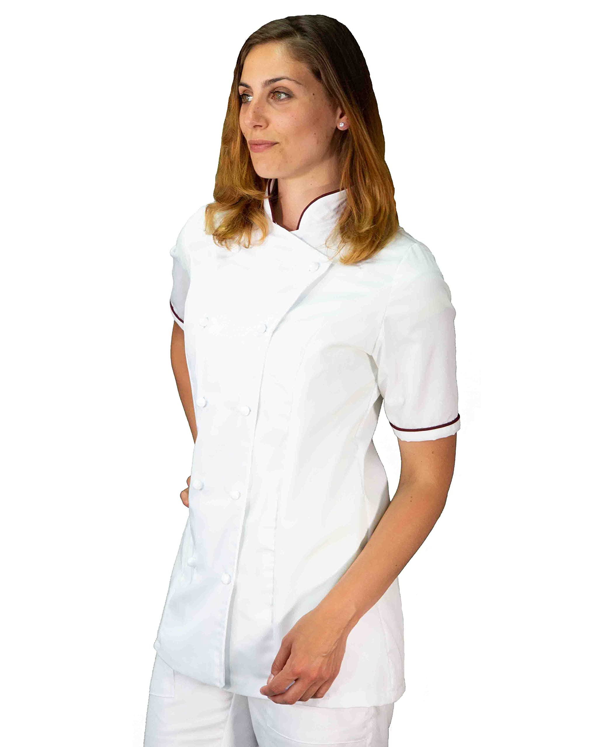 Bordado Gratuito - Completo Cocinero Mujer Blanco y Burdeos - Uniforme Chef Personalizable M/C - Chaqueta, Pantalón y Delantal - Uniforme para Cocina y Restaurante - Made in Italy