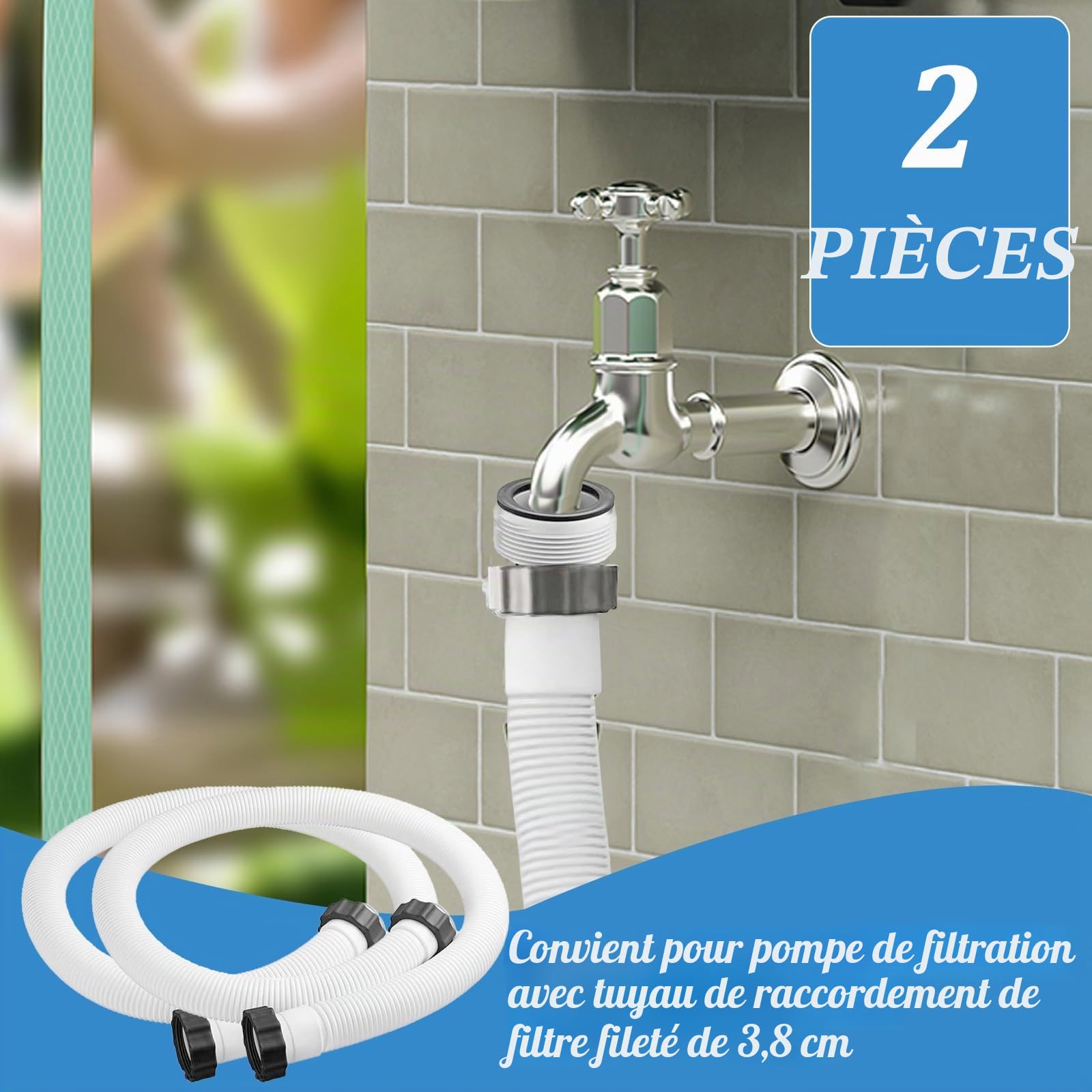 Lot de 2 tuyaux de piscine 38 mm, 150 cm, blanc, avec 2 adaptateurs B, tuyau pour pompe INTEX résistant aux UV et à l'eau chlorée