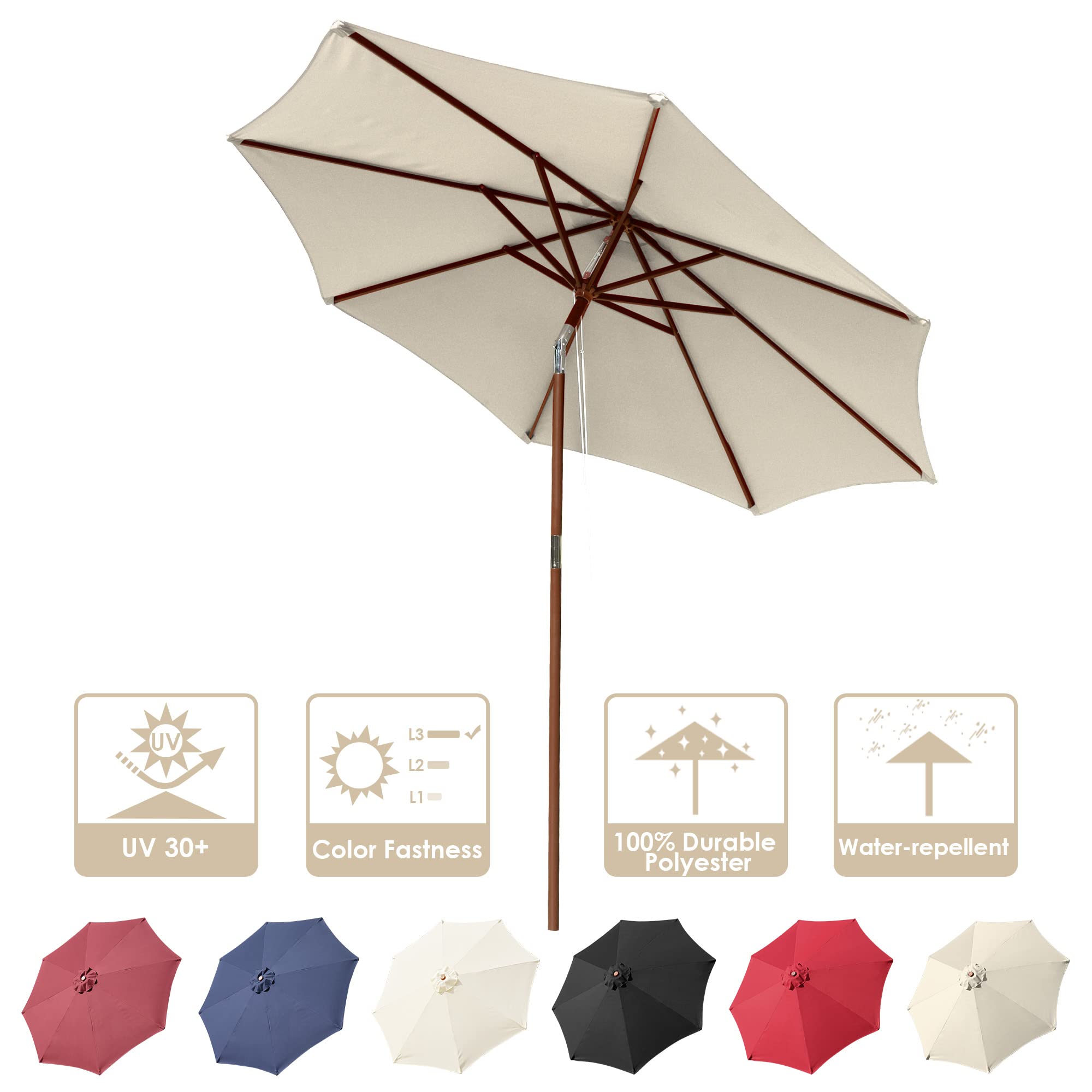 Polea de cuerda acanalada de 9 pies y 8 pies con inclinación de madera para exteriores, sombrilla de patio al aire libre, color beige, mesa de mercado para piscina, terraza, patio 9