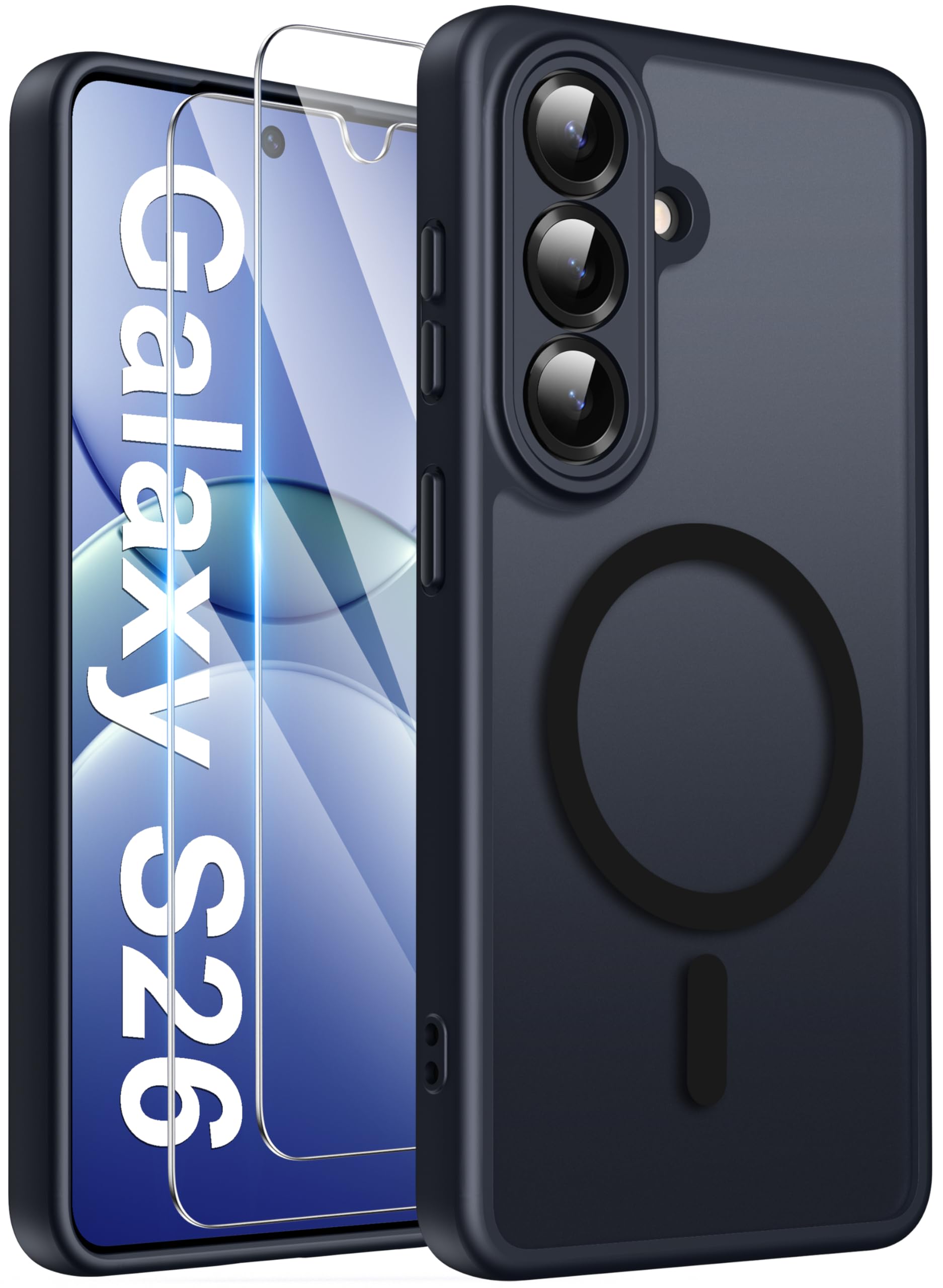 Opkiegrn für Samsung Galaxy S26 5G Hülle mit 2 Stück Panzer Schutz Glas Folie, Kompatibel mit MagSafe, Stoßfest Kratzfest Transluzente Matt Handyhülle für Samsung Galaxy S26 5G - Schwarz