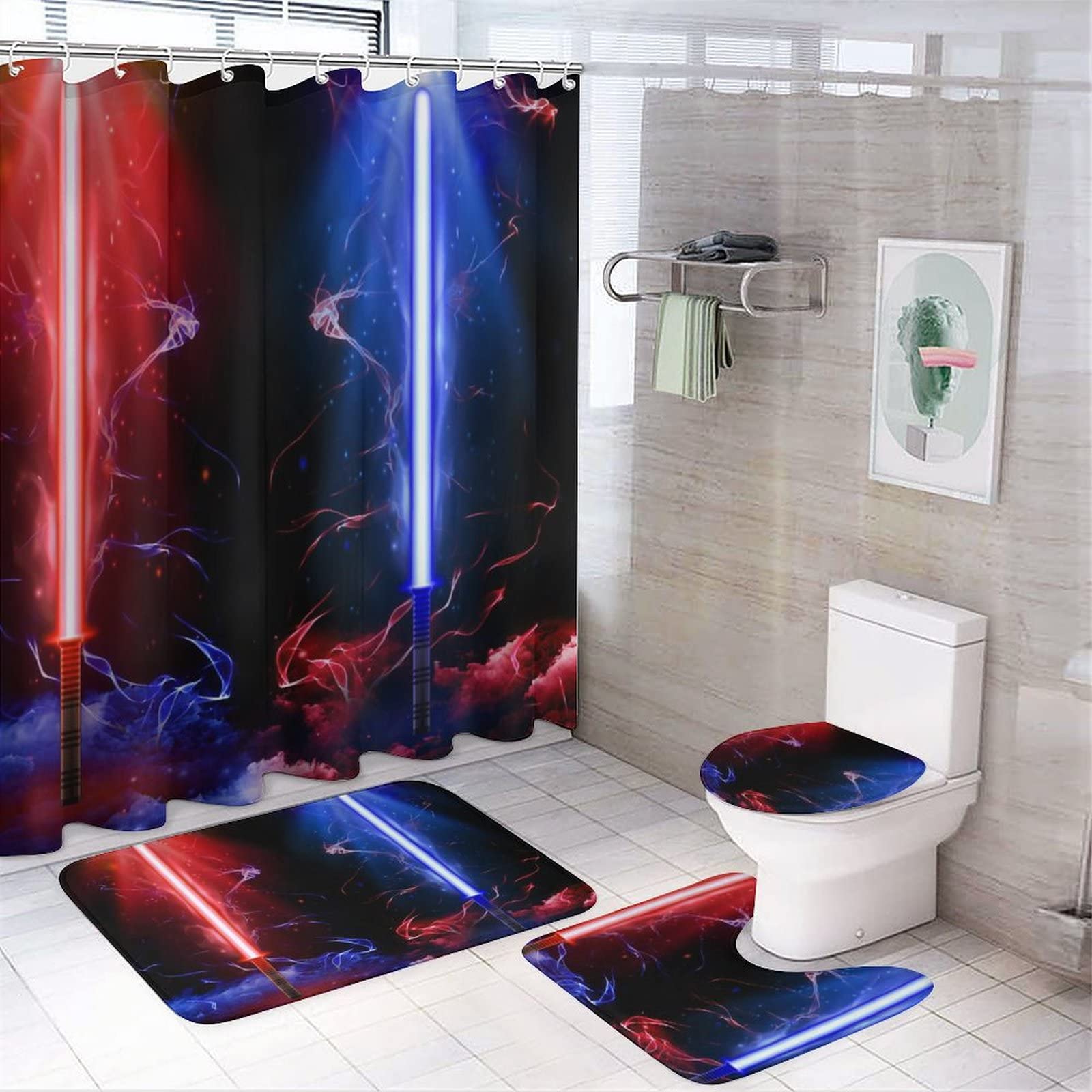 Kazynee Retro Movie Theme Lightsaber 4 Piece Shower Curtain Sets, Non-Slip Rugs, Toilet Lid Cover and Bath Mat, Durable and Waterproof, for Bathroom Decor Set One Size