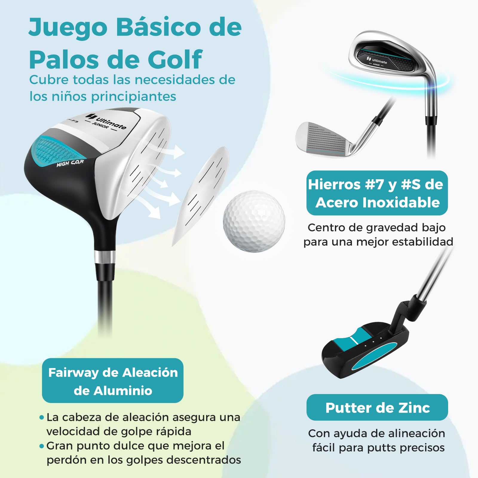 COSTWAY Juego de Palos de Golf para Niños de 5 a 7 Años, Incl. Bolsa de Soporte con Capucha para Lluvia, Fairway N.º 3, Hierros y Putter N.º 7#S para Diestros