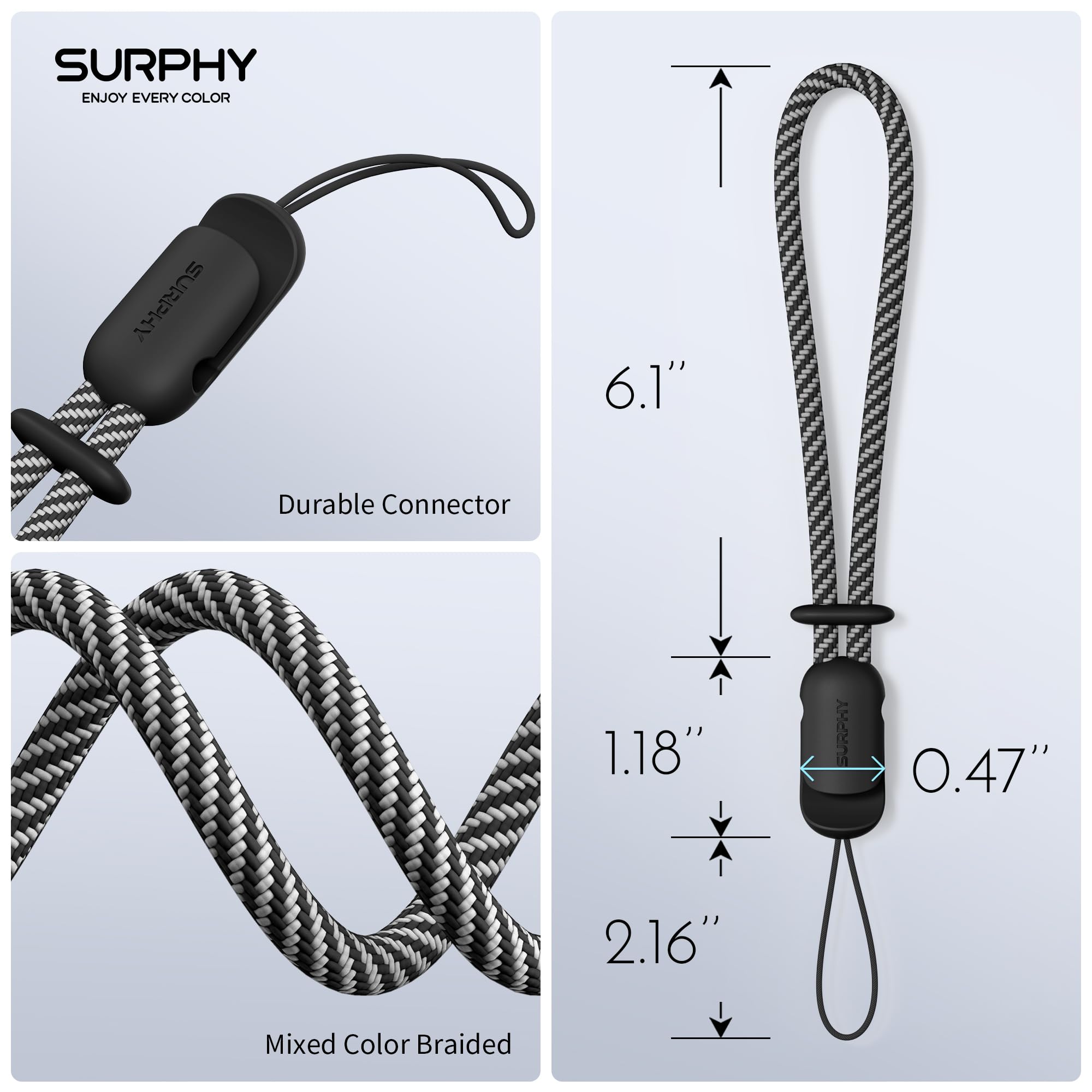SURPHY Cordino per Cellulare,2 Pezzi Regolabili Universale Cordino,Compatibili con Custodia del Telefono per iPhone/Samsung/Xiaomi/Airpods e Molto Altro Ancora,24cm (Nero & Grigio)