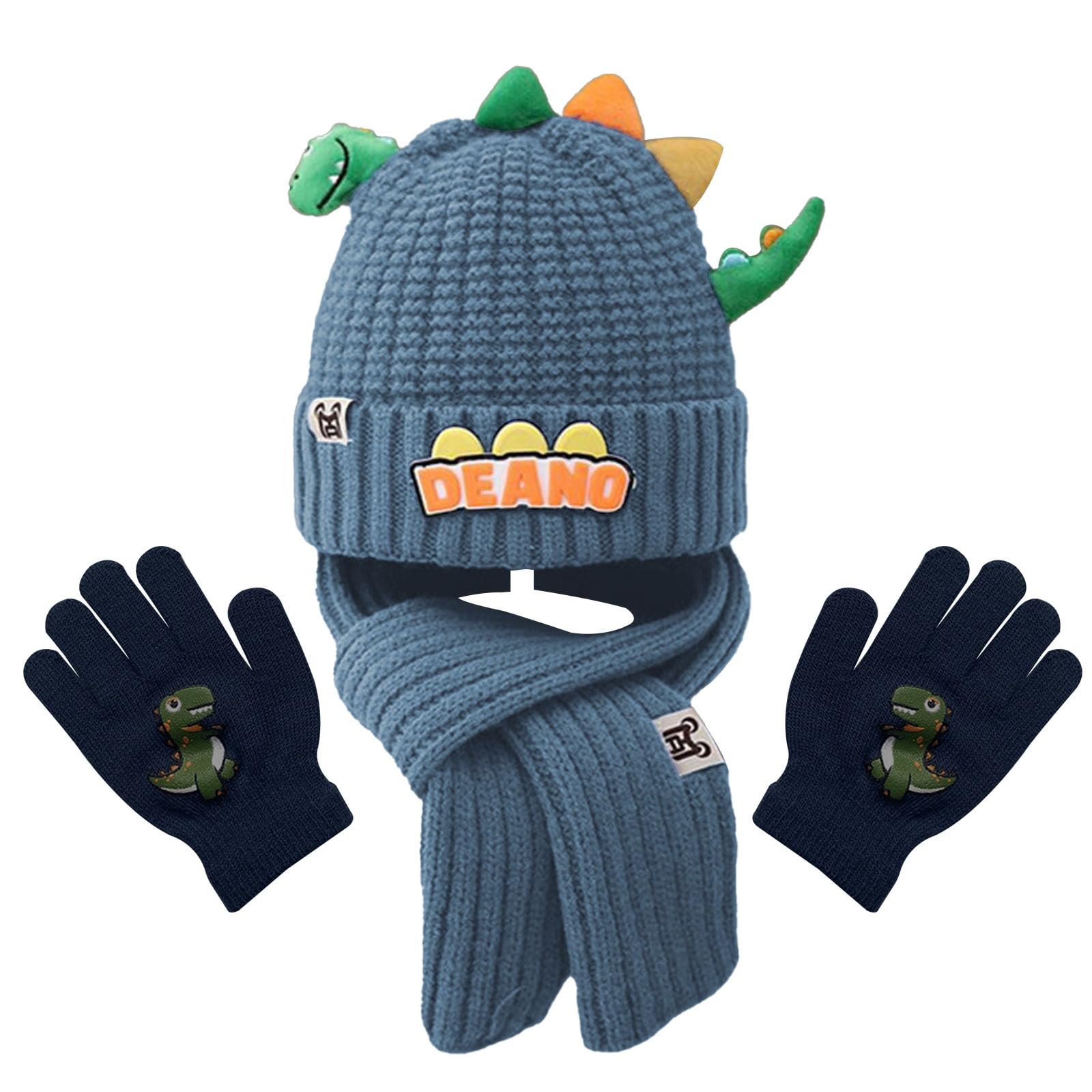 Conjunto Bufanda Gorro y Guantes Niño, Set de Gorra Bufanda Guantes Termicos Niño, 3 en 1 de Punto Gorras Beanie Bufandas Guante Termico, Diseño de Dinosaurios Lindo Gorros Scarf Winter Gloves