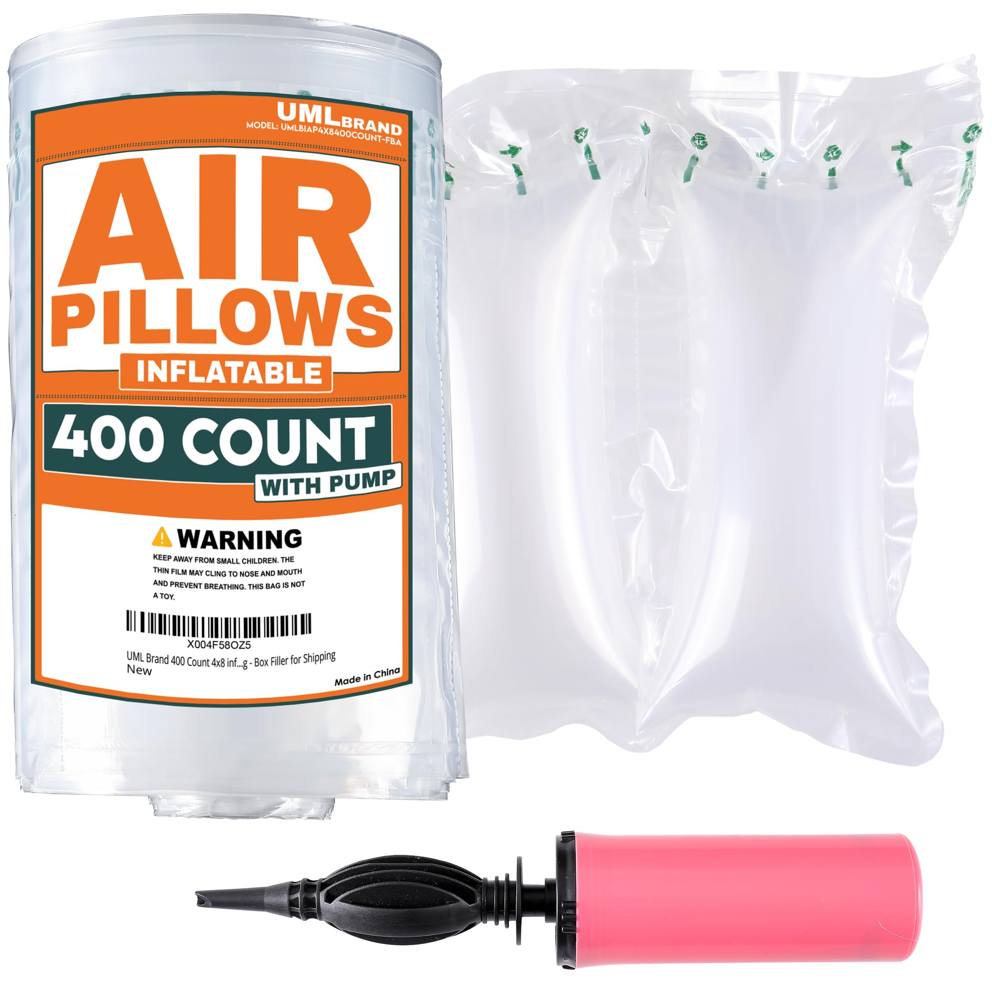UML Brand 400 Count 4x8 Inflatable Air Pillows for Shipping with Pump - Shipping Packaging Filler - Packaging Air Bags - Use for Purse Pillows to Keep Shape for Bags