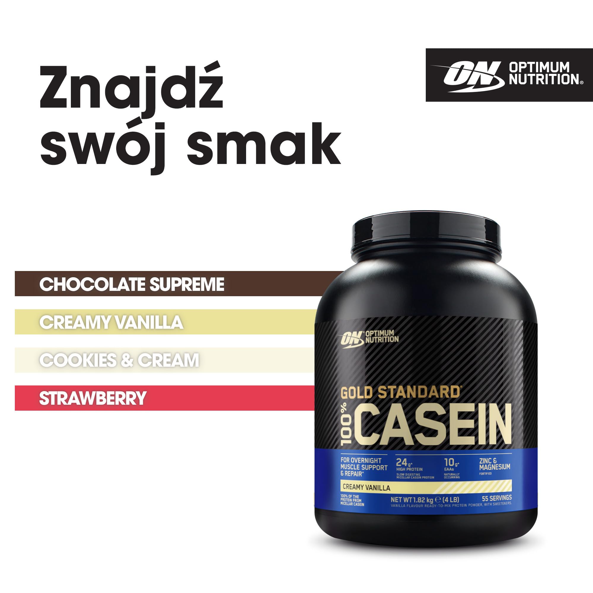 Optimum Nutrition Gold Standard 100% Casein Wolno przyswajalna odżywka na noc z cynkiem, magnezem i aminokwasami, wspomagająca wzrost i odbudowę mięśni, smak Creamy Vanilla, 55 porcji, 1,82 kg
