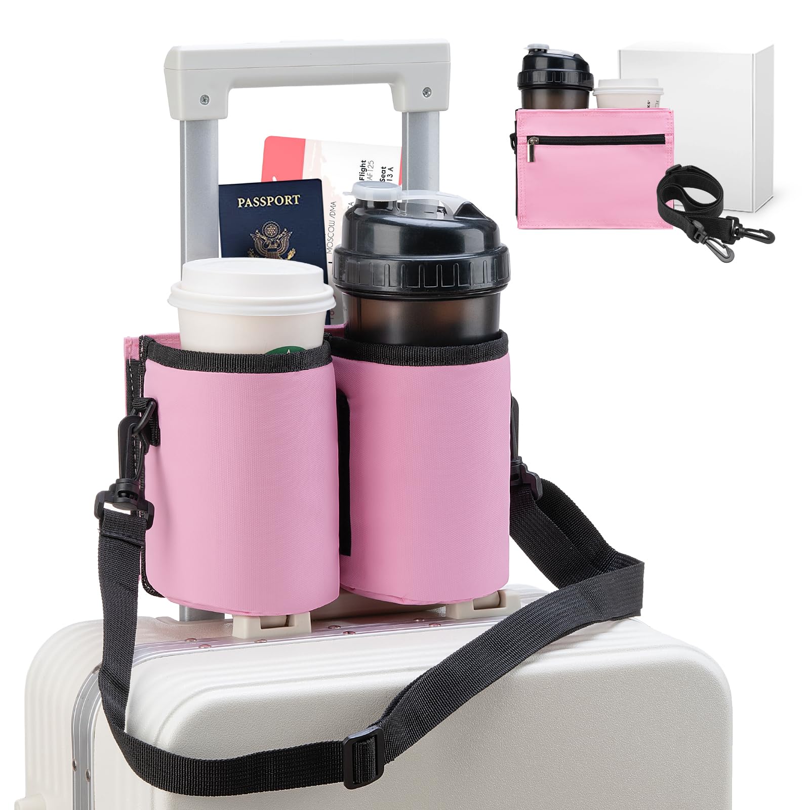 Luggage Cup Holder Travel Drink Bag Luggage Drink Caddy with Shoulder Strap, Thermal Insulation and Zipper Pocket, Travel Accessories Gifts for Flight