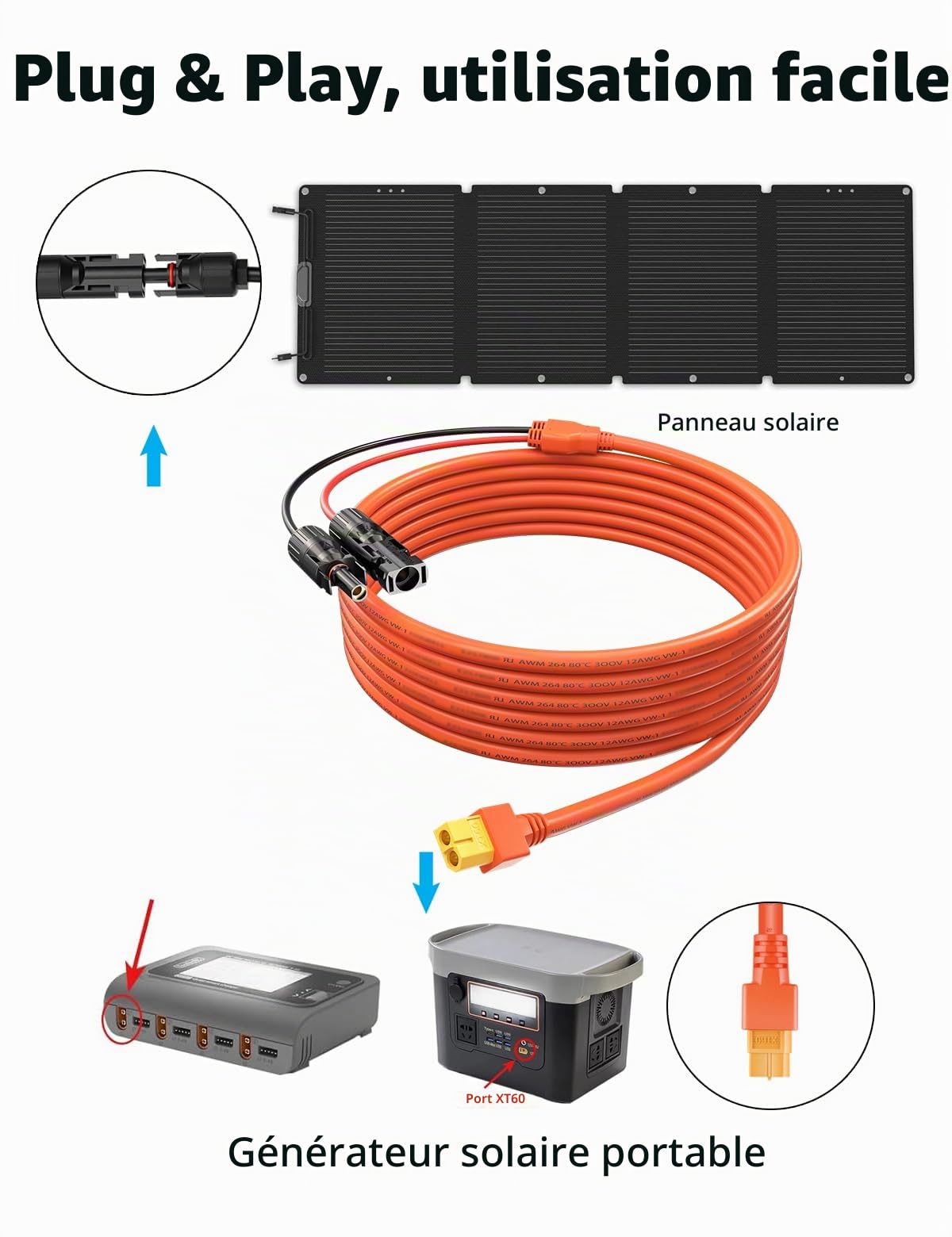 Câble de panneau solaire vers fiche XT60, 5 m, câble de charge solaire, 12 AWG, compatible avec EF DELTA 2 et River Pro MAX Powerstation 757, générateur solaire, panneau solaire (5 m)