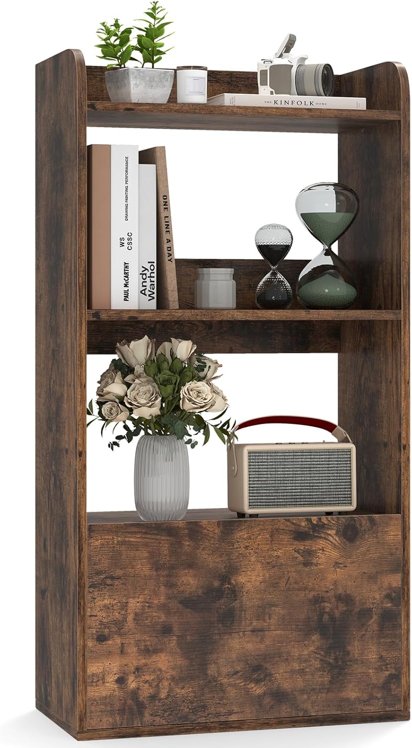Image of Libreria Aperta a 3 Ripiani, Scaffale Salvaspazio in Legno con Cassetto, Scaffale Portaoggetti Espositivo per Camera da Letto, Soggiorno, Cucina e Ingresso, 55 x 29 x 105 cm (Marrone)