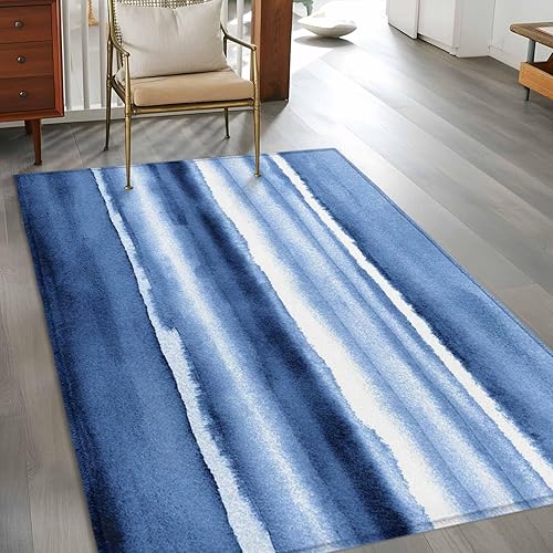 Miniatura 4 de 2.7x5 Area Rugs, Blue Stripes Non-Skid Rubber Backing Large Rectangle Rugs - Living Room Bedroom Home Office, Watercolor Retro Ombre Abstract Tie