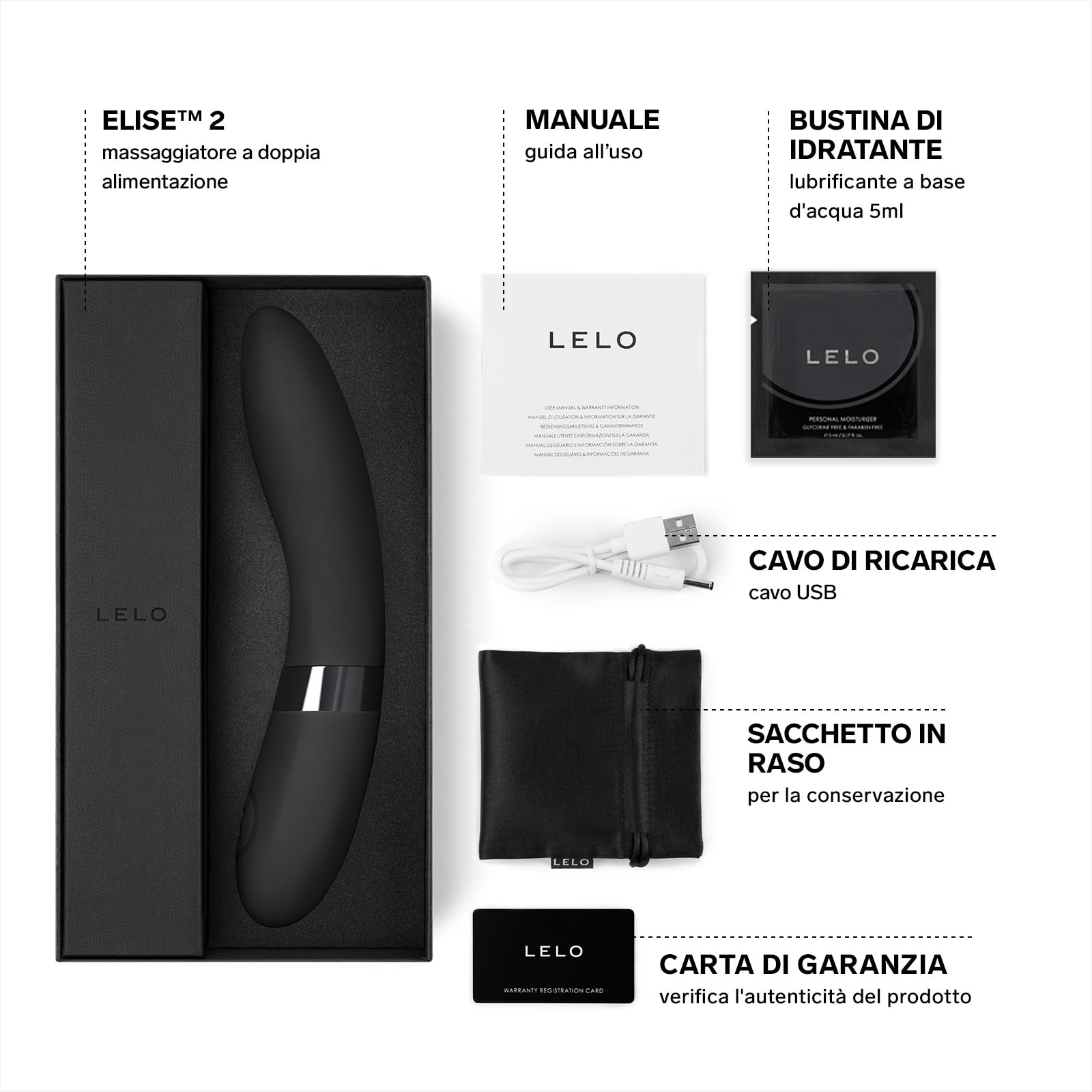 LELO ELISE 2, Black, Massaggiatore Vibrante a 2 Motori per il Massaggio Sensuale, Vibratori, Vibratori Donna