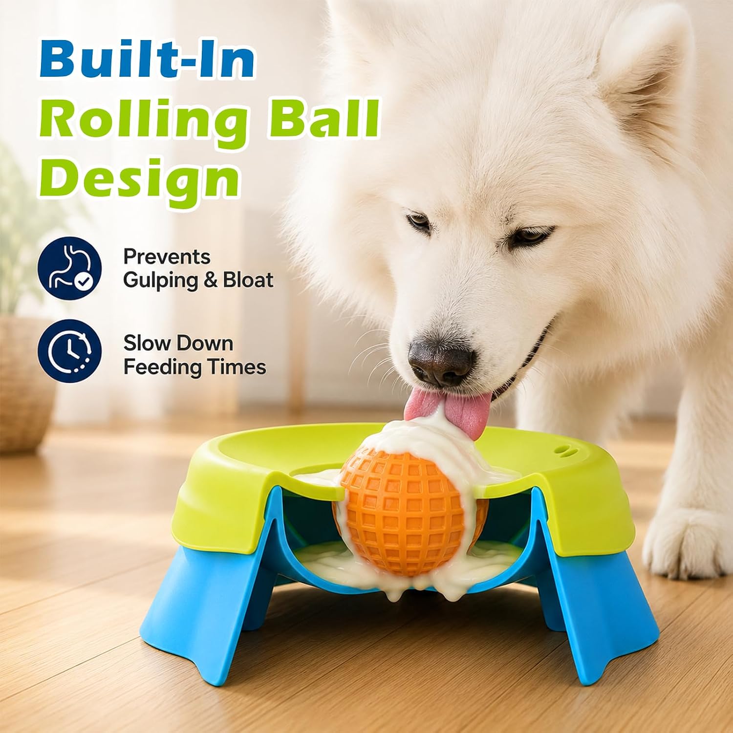 2in1 Dog Lick Bowl with Rolling Ball - Slow Feeder Dog Bowl for Large Medium Small Dogs & Cats, 5/6 Cup Non-Slip Lick and Roll Bowl for Yogurt Liquid Treats - 4